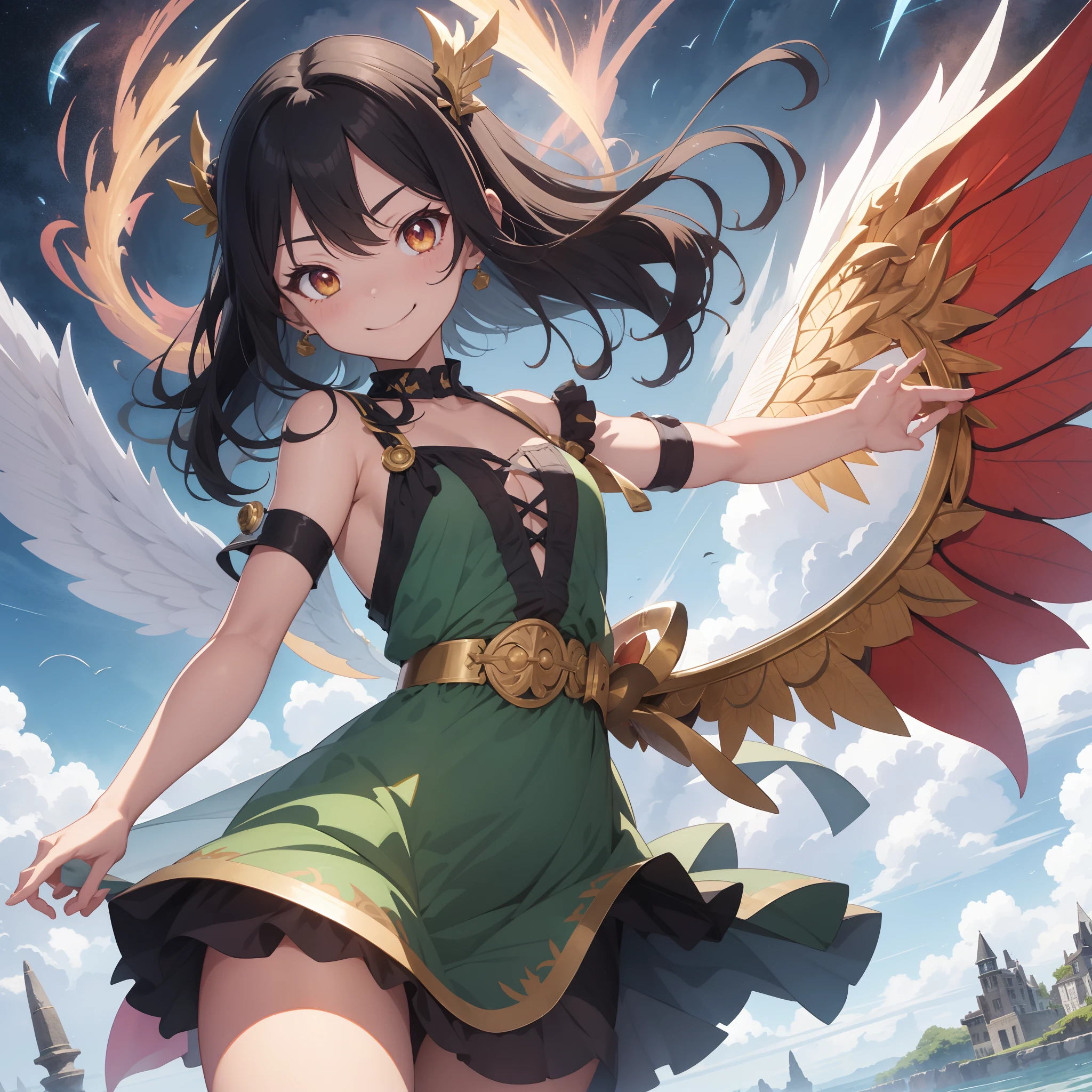 Ancient Civilizations, A dense and esoteric machine that cannot be reproduced now, Emerald Crystal Clear Eye, Light Green Shoulder Strap Long Dress, Put out the velo、Tejepero、punipuni、The dress is studded with red ruby jewelry, Anime Girl, Smiling, Thick eyebrows, Hairstyle that reveals the forehead, gold circlet, one eye closed, Mischievous smile, Jet-black wings, short hair - curly, fairy tale world, Smooth Anime CG Art, bulging chest, Beautiful luster, Watercolor painting、Bright light is emitted from the front、Actress Wright、Little town of the sun、