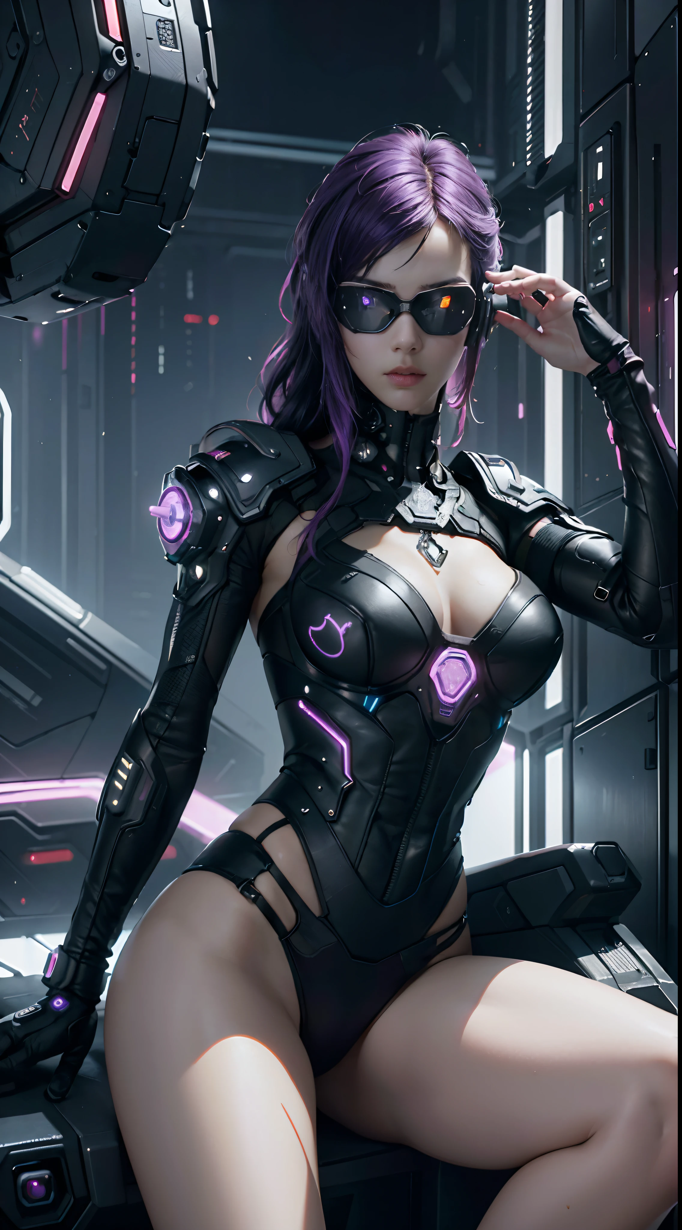 ((Best Quality)), ((Masterpiece)), (Very Detailed:1.3), 3D, Beautiful (Cyberpunk:1.3)), 1 girl, full body, (purple hairstyle), big breast, slender body, slender hips, big breasts, sitting, bottom angles, from below, wearing full purple((heavy cyberpunk armor)) with neon trim, (head-mounted displays), fiber optic cables, company logos, science fiction, Night Cyberpunk city background, Gantz, In the Style of Cyberpunk 2077, Ultra realistic photo, masterpiece, best quality, CG, wallpaper, HDR, high quality, high-definition, extremely detailed, {beautiful detailed face}, {beautiful detailed eyes}, (detailed light){{intricate detail}}, {highres}, ((detailed face)), neon light, chiaroscuro, key visual, intricate detail, highly detailed, breathtaking, vibrant, cinematic, low ISO, white balance, rule of thirds, wide aperture, 8K RAW, efficient sub-pixels, subpixel convolution, luminous particles,