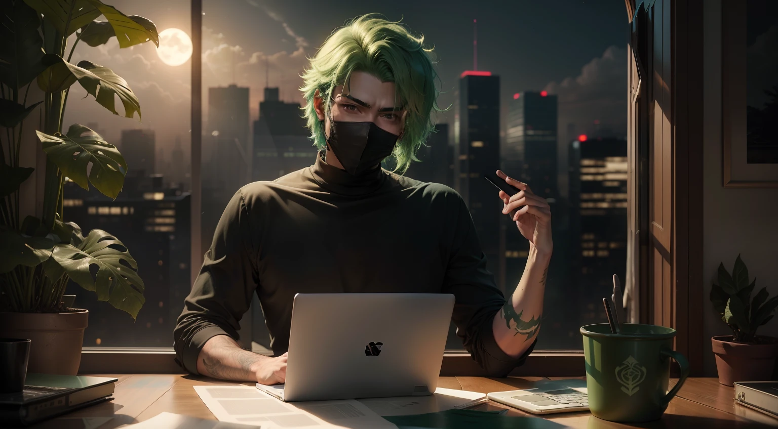 A man with a green hair wearing a mask with his 2 hand on the desk and a laptop front of the man. A window behind the man with beautiful view outside. Night