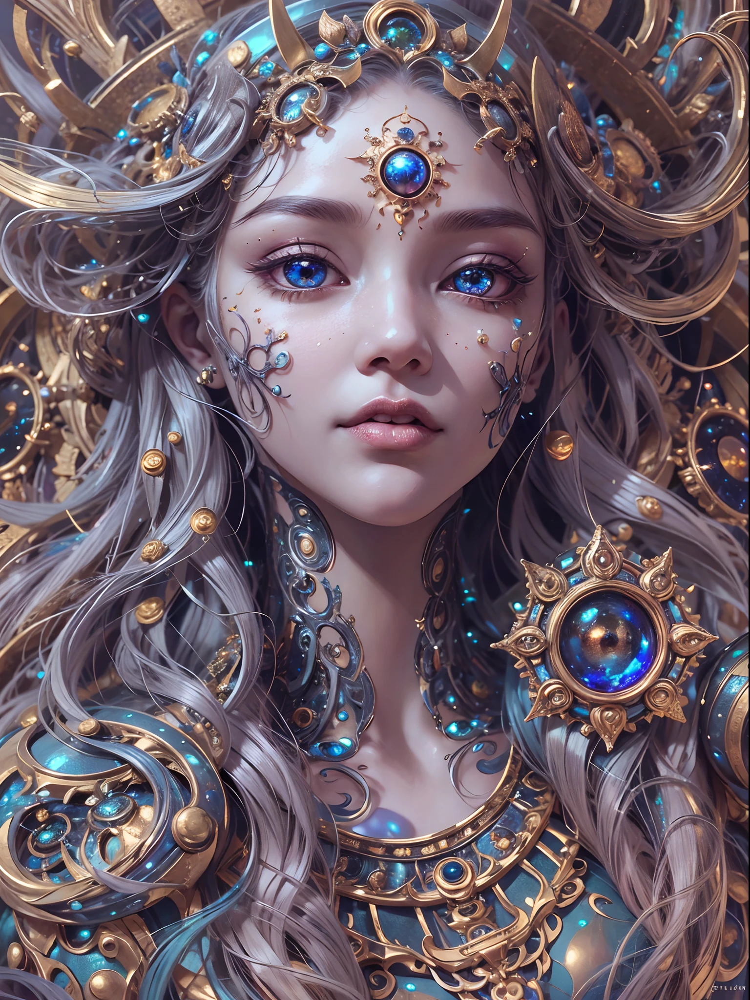 （best qualtiy，ultra - detailed，Most Best Illustration，Best shadow，tmasterpiece，A high resolution，professionalartwork，famousartwork），Detailed eyes，beautidful eyes，closeup cleavage，sci-fy，colored sclera，Robot eyes，face markings，Tattooed with，（fractalized，Fractal eyes），largeeyes，Wide eyes，（Eye focus），sface focus，Cosmic eyes，Space eyes，Close-up of metal sculpture of a woman with a moon in her hair，goddes。extremly high detail，3 d goddess portrait，Extremely detailed footage of the goddess，a stunning portrait of a goddess，Side image of the goddess，portrait of a beautiful goddess，Full body close-up portrait of the goddess，hecate goddess，portrait of a norse moon goddess，goddess of space and time