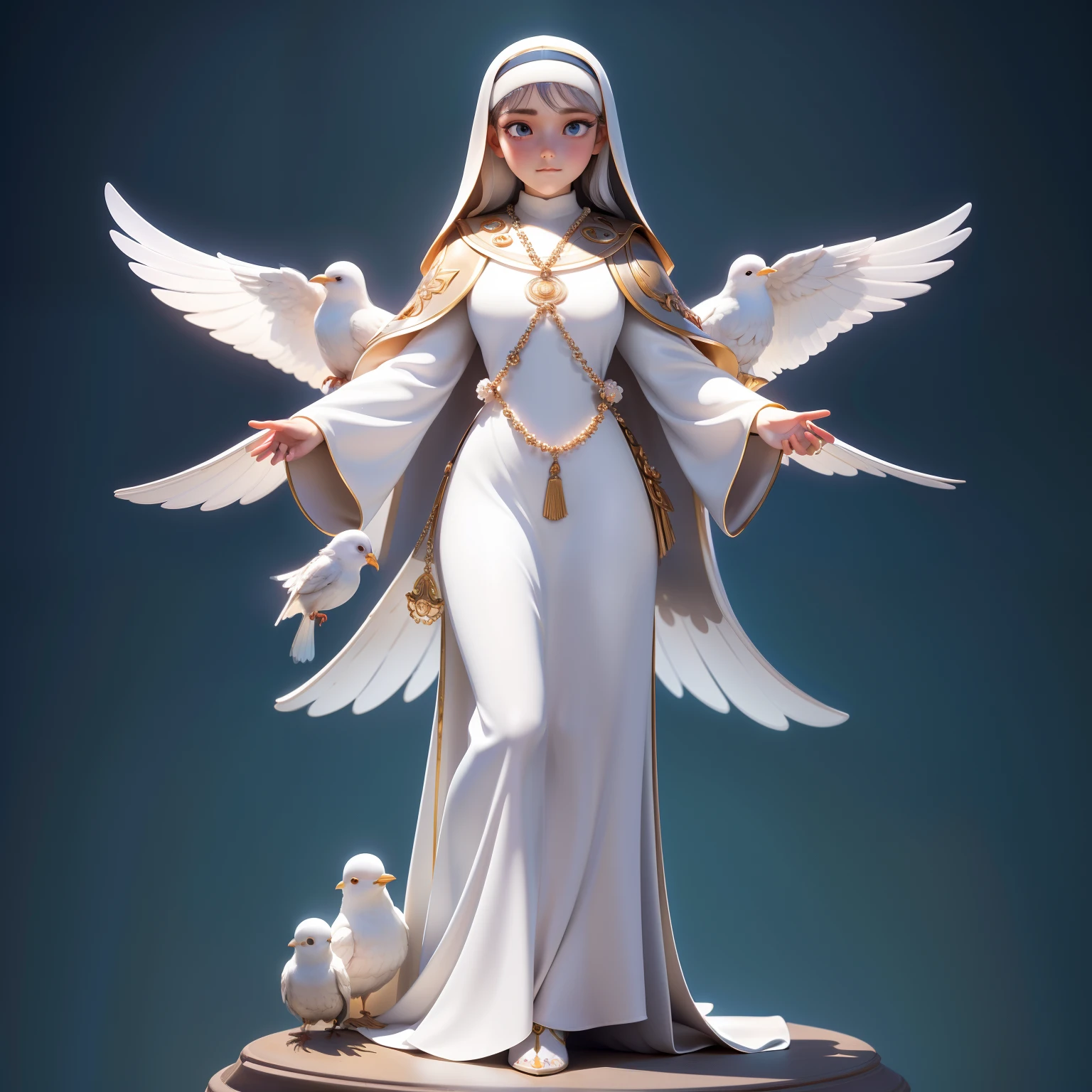 (best quality,8k,highres,masterpiece:1.2), ((full body scale)), realistic,spiritual nun with hands joined in pray, little pigeons on her shoulder, ultra-detailed eyes,longeyelashes,in transparent background,religious,photorealistic,portrait,ivory white dress,rosary beads in hands,morning sunlight,soft lighting,peaceful atmosphere, subtle colors,delicate brushstrokes,luminous image composition,gentle and serene expression,tranquility,vivid colors。