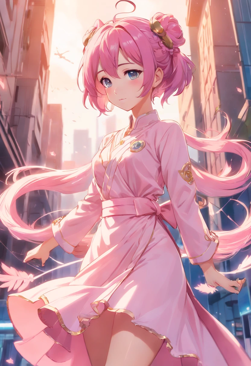 Il y a une fille en robe rose posant pour une photo, Belle Delphine, Pink hair with double tail and gray eyes, CYBERPUNK ROCOCO, Dollfie's dream, light pink tones, Skydoll Noa, Iconic pink character, April Rendition, Photo de rendu 8K octae, Cosplay of a catboy! robe, royal elegant pose