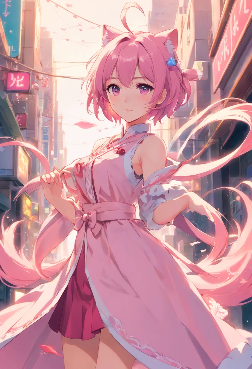 Il y a une fille en robe rose posant pour une photo, Belle Delphine, Pink hair with double tail and gray eyes, CYBERPUNK ROCOCO, Dollfie's dream, light pink tones, Skydoll Noa, Iconic pink character, April Rendition, Photo de rendu 8K octae, Cosplay of a catboy! robe, royal elegant pose