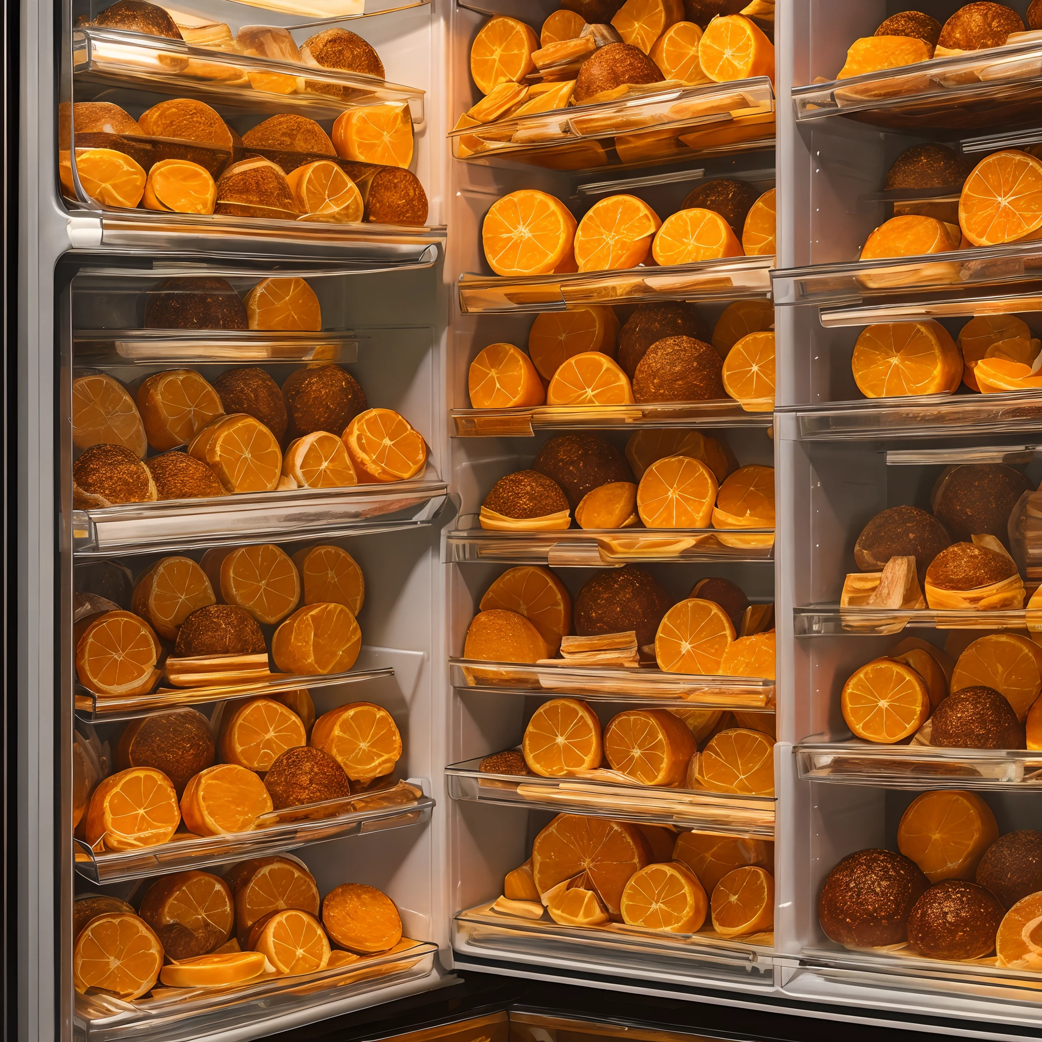 Marmalade knolling, sorted by gradient, market display fridge, beautifully lit, low contrast, hyperdetailed --auto --s2