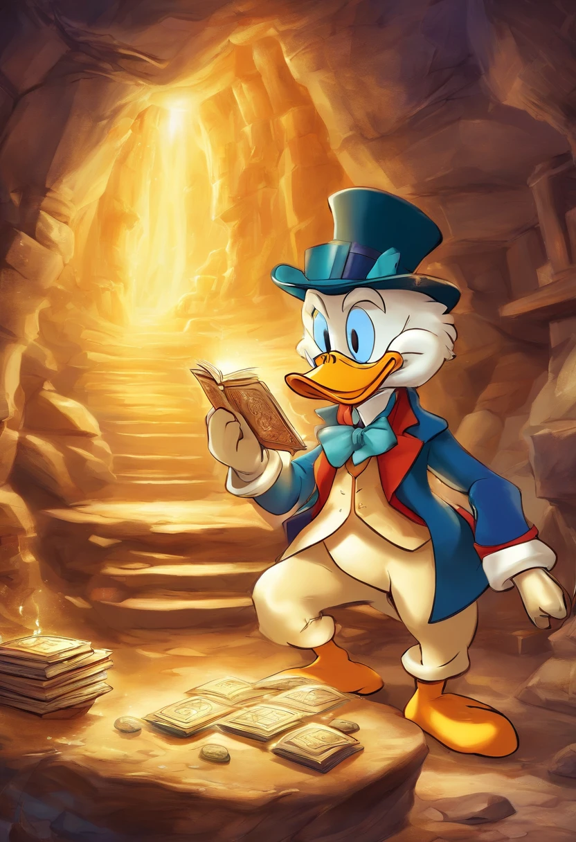 book comic Scrooge McDuck in a cave of gold, diamonds, precious stones