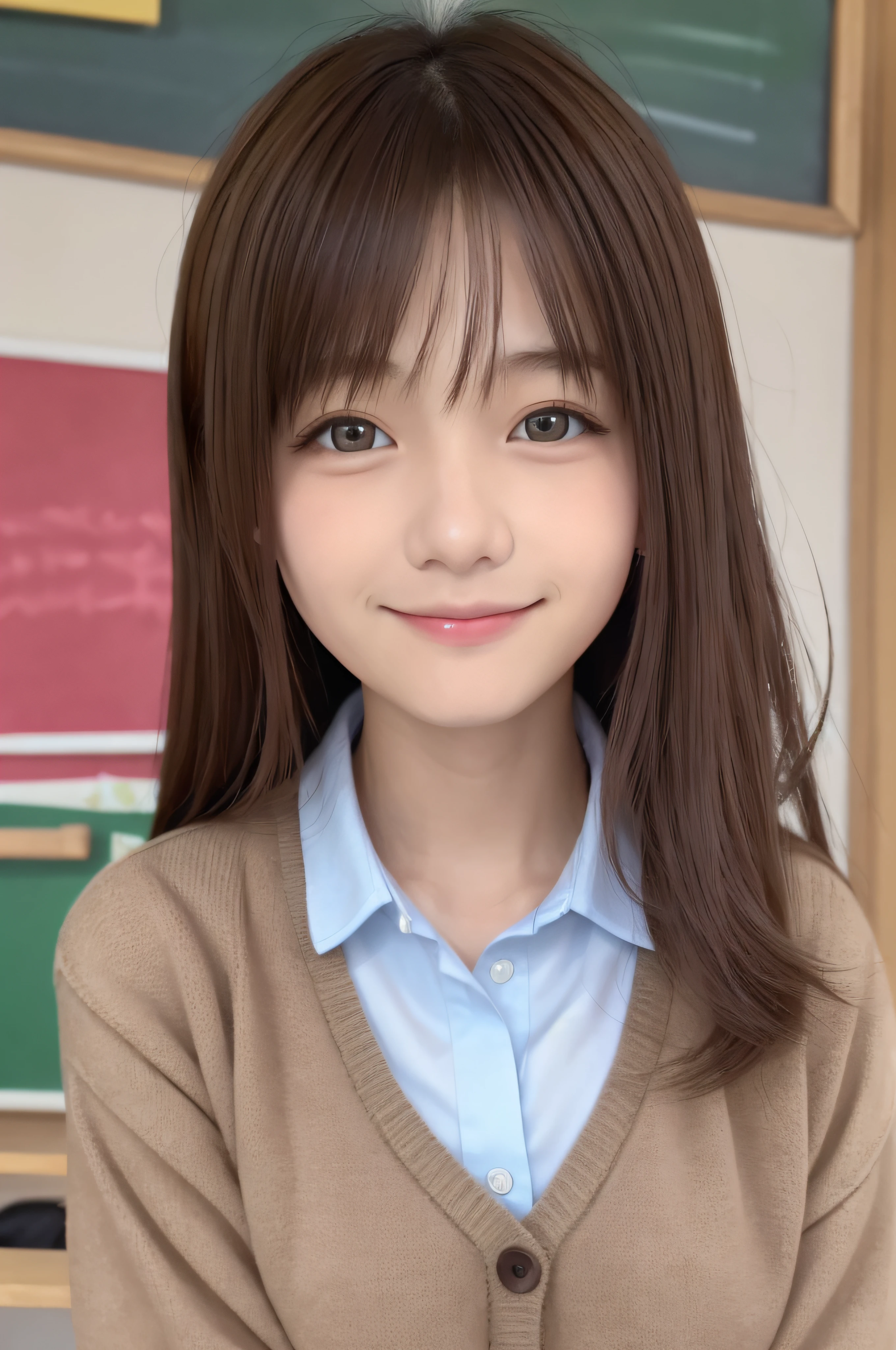 15 year old woman、独奏、brown haired、beautidful eyes、real looking skin、A detailed eye、Schoolgirl、(8K、masterpiece)、(reallistic、Photorealsitic)、top-quality、realisitic、ighly detailed、The ultra-detailliert、Beautie、cute little、独奏、A Japanese Lady、A smile、Close-up portrait、Healthy face、Teaching school、Schools、School uniform、Cardigan、plaid skirts、skirt by the