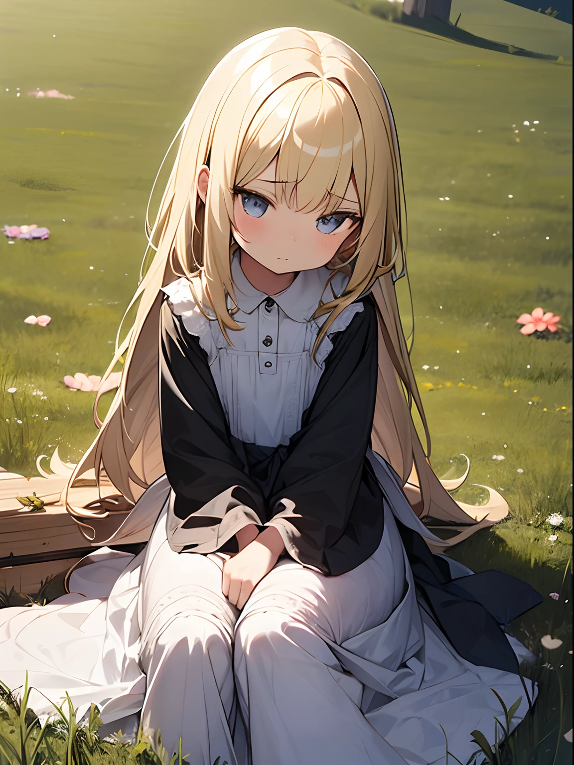 Little cute girl 5 years old, blonde woman, long straight hair, Old dress; outcast; Sad, Sitting alone on the grass, pulling your knees up to your chest, looks sadly at the camera, In the background, many children play without it; Full-length photograph from a short distance, Anatomical realism, high quality textures, higly detailed
