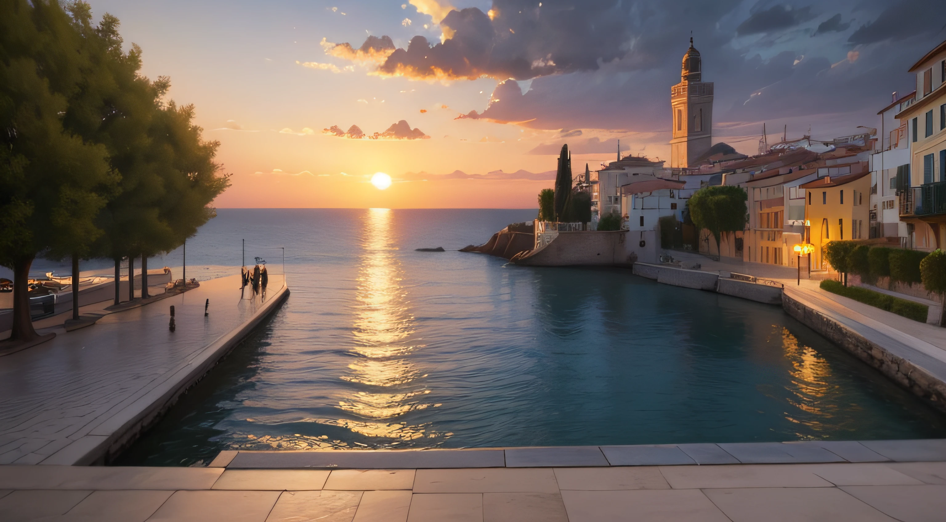 Oil painting of a sunset in a Mediterranean city by the sea, con muchas flores y sin gente, La tarde es lluviosa se puede ver el sol, Elegant atmosphere, Muchos detalles, Lumion 8K Render, Muchos detalles, Yellow kinematic lighting in warm tones , Image in the style of an impressionist oil painting, Muchá, Manet Cézanne.