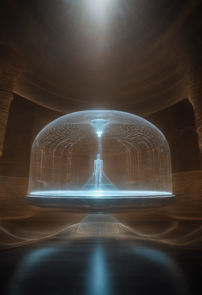 in a futuristic setting, A quantum vibrational extraterrestrial platform with ethereal sine waves and cybernetic codes stands out, emitting an ethereal glow. An aura of a man is inside the platform receiving energy in being ethereal light body only aura of that human , Cercado por uma aura de luz vibrante que representa seu campo de energia. Hertz bands dance through the air in complex shapes, while the cybernetic vibratory codes flow like rivers of light around the individual. The chakras are visible as spinning vortices of intense colors, each aligning perfectly with the vibratory frequencies. The holographic platform projects a cinematic hologram of the standing human figure, whose body is composed purely of light and energy. Dust particles float in the environment, vibrating in harmony with the waves of energy that permeate space. Strands of ethereal energy intertwine in the air, connecting to the central figure and radiating to the surrounding environment. A quality astral projection is rendered, allowing the individual to explore their own energy field in profoundly transformative ways. Enquanto isso, The platform functions as a cell regeneration room, offering a large genetic healing room where the fusion of extraterrestrial technology and human bioenergy triggers an innovative healing process. As humans connect with technology, State-of-the-art cybernetic implants integrate seamlessly, further enriching the experience. The surrounding environment is a crystal clear room, which amplifies vibrations and creates an atmosphere of transcendence. It's a mesmerizing vision of how technology and energy can come together to explore and enhance the capabilities of the human body and mind, in tune with the vibratory forces of the universe. Dentro de uma nave Seres de uma nave seres humanoides, alien team of aliens gray blue aryl Be bold and creative and create aliens inside
