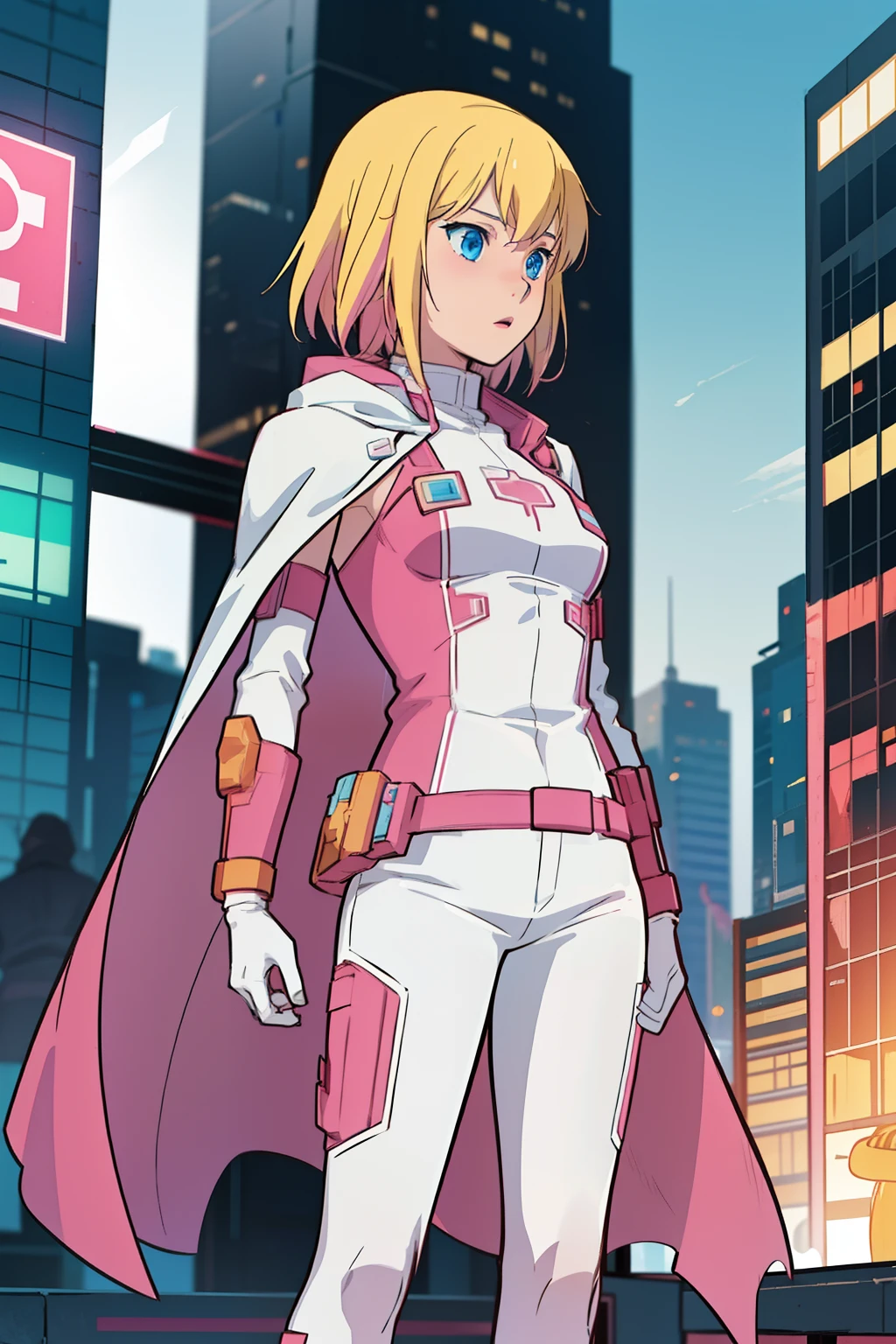 solo, 1girl, (masterpiece), ((16 year old appearance)), Blonde hair, Medium hair, blue eyes, anime girl,  pink super hero uniform with white pants, hero cape, small breasts, cyberpunk city, nigth