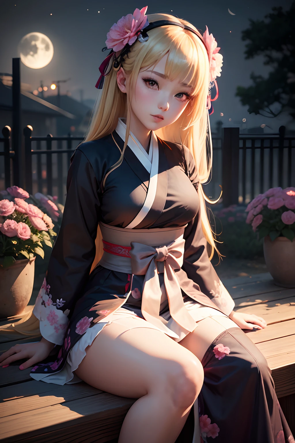 Sexy woman with big eyes with long lashes with long hair in blonde color wearing kimono in front of Japan landscape spreading legs