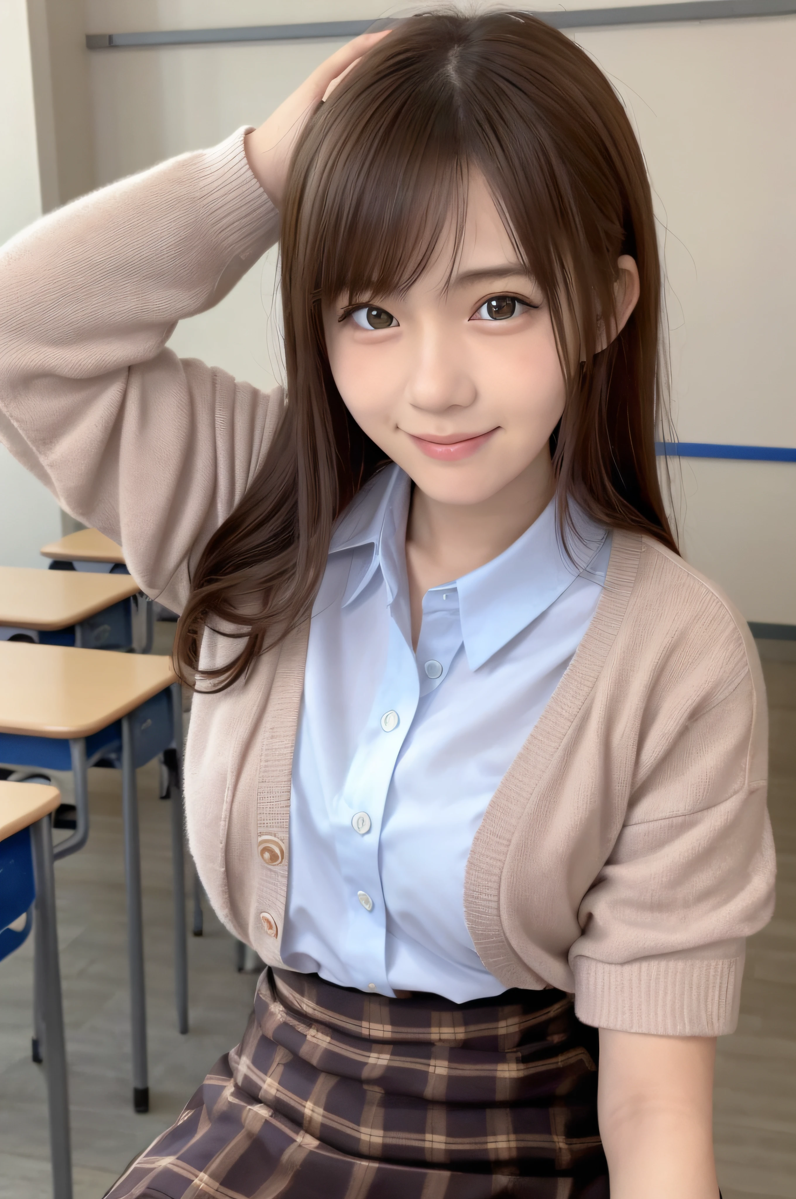 15 year old woman、独奏、brown haired、beautidful eyes、real looking skin、A detailed eye、Schoolgirl、(8K、masterpiece)、(reallistic、Photorealsitic)、top-quality、realisitic、ighly detailed、The ultra-detailliert、Beautie、cute little、独奏、A Japanese Lady、A smile、Close-up portrait、Healthy face、Teaching school、Schools、School uniform、Cardigan、plaid skirts、skirt by the