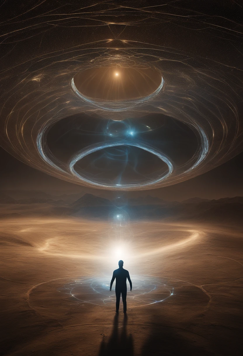 An alien healing lab A quantum vibrational extraterrestrial platform with ethereal sine waves and cybernetic codes stands out, emitting an ethereal glow. An aura of a man is inside the platform receiving energy in being ethereal light body only aura of that human , Cercado por uma aura de luz vibrante que representa seu campo de energia. Hertz bands dance through the air in complex shapes, while the cybernetic vibratory codes flow like rivers of light around the individual. The chakras are visible as spinning vortices of intense colors, each aligning perfectly with the vibratory frequencies. The holographic platform projects a cinematic hologram of the standing human figure, whose body is composed purely of light and energy. Dust particles float in the environment, vibrating in harmony with the waves of energy that permeate space. Strands of ethereal energy intertwine in the air, connecting to the central figure and radiating to the surrounding environment. A quality astral projection is rendered, allowing the individual to explore their own energy field in profoundly transformative ways. Enquanto isso, The platform functions as a cell regeneration room, offering a large genetic healing room where the fusion of extraterrestrial technology and human bioenergy triggers an innovative healing process. As humans connect with technology, State-of-the-art cybernetic implants integrate seamlessly, further enriching the experience. The surrounding environment is a crystal clear room, which amplifies vibrations and creates an atmosphere of transcendence. It's a mesmerizing vision of how technology and energy can come together to explore and enhance the capabilities of the human body and mind, in tune with the vibratory forces of the universe. Dentro de uma nave Seres de uma nave seres humanoides, Aryl Blue Grey Alien Team Be Bold and Creative and Create Aliens Inside