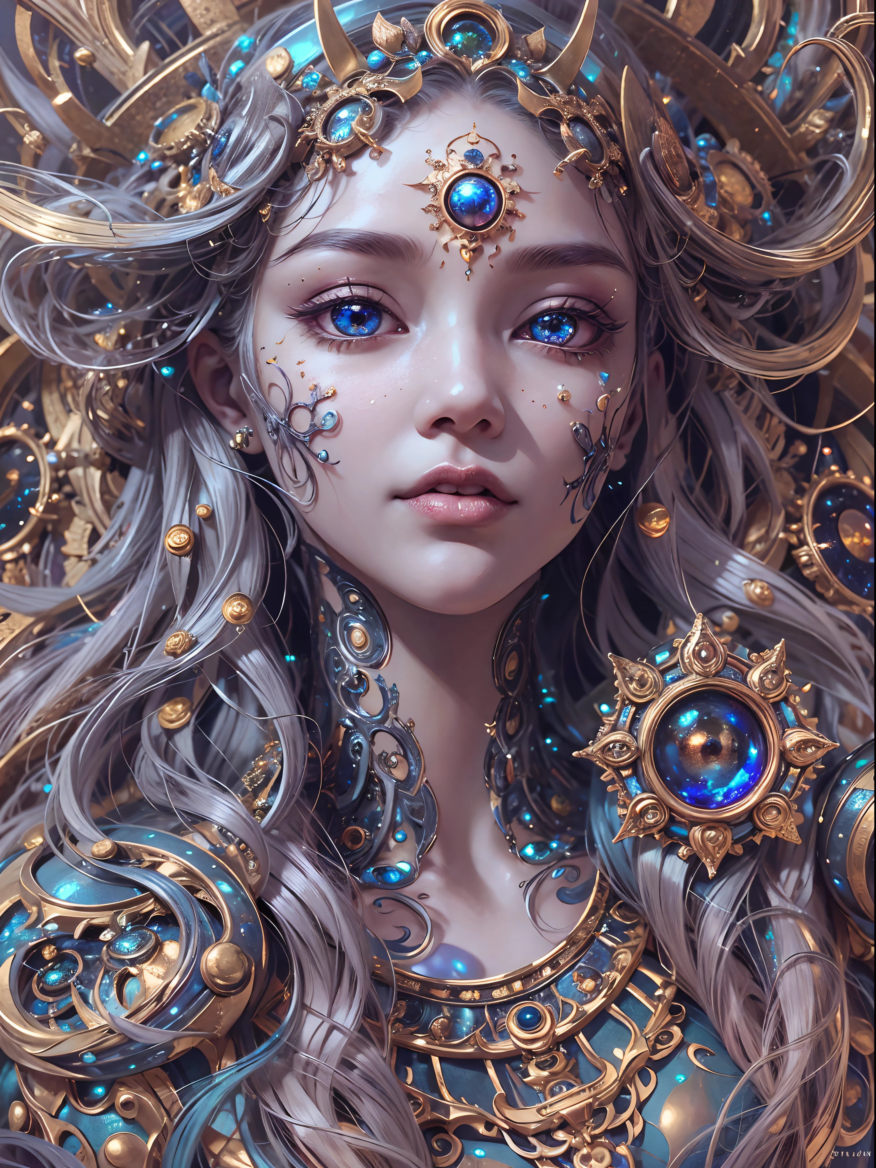 (best qualtiy,ultra - detailed,Most Best Illustration,Best shadow,tmasterpiece,A high resolution,professionalartwork,famousartwork),Detailed eyes,beautidful eyes,closeup cleavage,sci-fy,colored sclera,Robot eyes,face markings,Tattooed with,(fractalized,Fractal eyes),largeeyes,Wide eyes,(Eye focus),sface focus,Cosmic eyes,Space eyes,Close-up of metal sculpture of a woman with a moon in her hair,goddes。extremly high detail,3 d goddess portrait,Extremely detailed footage of the goddess,a stunning portrait of a goddess,Side image of the goddess,portrait of a beautiful goddess,Full body close-up portrait of the goddess,hecate goddess,portrait of a norse moon goddess,goddess of space and time