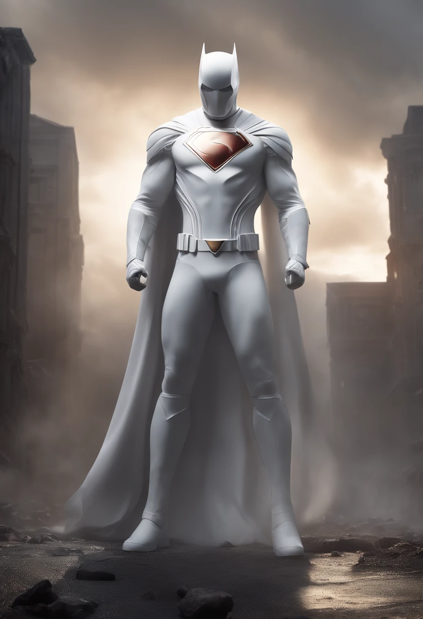 Certainly! Here are some prompts for Stabile Diffusion AI with a 3D render-like description:

"Generate a 3D-rendered scene featuring a superhero dressed in a pristine white suit. The superhero stands in the middle of a desolate street, surrounded by the ruins of a collapsed city, shrouded in a thick veil of smoke and illuminated by scattered, ethereal lights."

"Visualize an otherworldly 3D scene reminiscent of a cinematic masterpiece. Envision a superhero clad in a spotless white outfit, their commanding presence undiminished. They stand resolutely amid the hauntingly beautiful wreckage of a fallen metropolis, cloaked in swirling mist and bathed in the enchanting glow of distant, surreal luminance."

"Create an awe-inspiring 3D tableau where a superhero dons a pristine white attire, becoming a beacon of hope amidst the chaos. This hero stands amidst the hauntingly surreal remains of a city that has crumbled into disarray, the entire scene wrapped in an eerie, captivating mist and illuminated by a mesmerizing dance of distant lights."