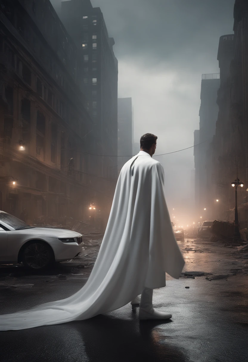 Certainly! Here are some prompts for Stabile Diffusion AI with a 3D render-like description:
"Generate a 3D-rendered scene featuring a superhero dressed in a pristine white suit. The superhero stands in the middle of a desolate street, surrounded by the ruins of a collapsed city, shrouded in a thick veil of smoke and illuminated by scattered, ethereal lights."
"Visualize an otherworldly 3D scene reminiscent of a cinematic masterpiece. Envision a superhero clad in a spotless white outfit, their commanding presence undiminished. They stand resolutely amid the hauntingly beautiful wreckage of a fallen metropolis, cloaked in swirling mist and bathed in the enchanting glow of distant, surreal luminance."
"Create an awe-inspiring 3D tableau where a superhero dons a pristine white attire, becoming a beacon of hope amidst the chaos. This hero stands amidst the hauntingly surreal remains of a city that has crumbled into disarray, the entire scene wrapped in an eerie, captivating mist and illuminated by a mesmerizing dance of distant lights."