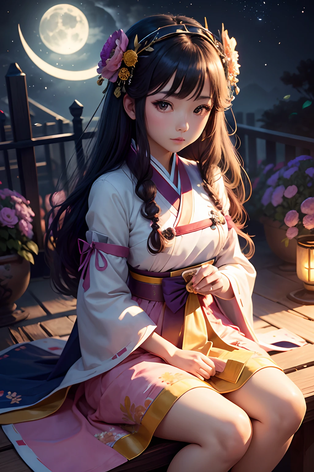A cute girl age 10yrs,shinni g face brown eyes ,looking into the camera, traditional dressing bl7e colors ,looking like a goddess fair in colur,brown hair flowing down.a very cute face ,sitting unde a tree night time pucure ,ultra realistic --auto --s2