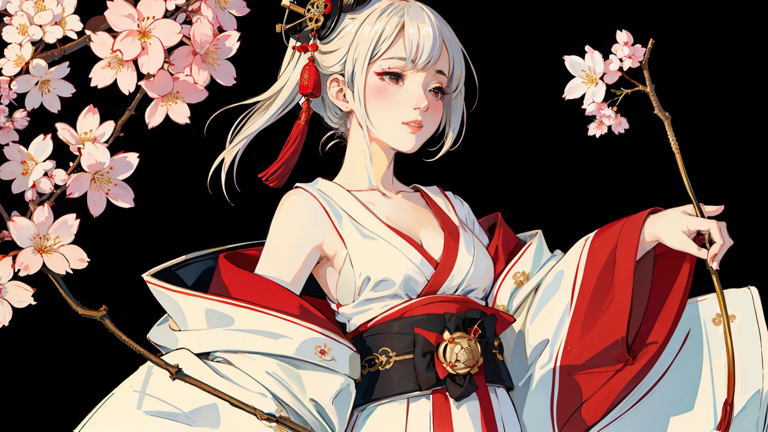 masterpiece,best quality, 1girl, With traditional Japanese clothing, (geisha outfit), white hair, with a sharp gaze, with variations in her hair, The cherry blossoms are falling, ((White clothes), a little cleavage visible, no background, ((black background)),