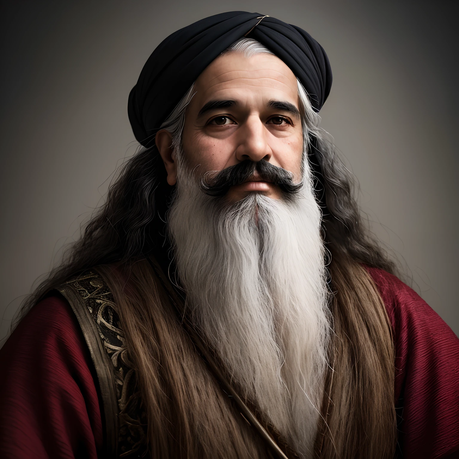 um homem maduro de barba muito longa e turbante vermelho sentado, Retrato de um bruxo da sabedoria, Retrato de Merlin, 8k artistic portrait photography, retrato medieval, barba e cabelo brancos muito longos, portrait of bedouin d&d, foto do retrato de um homem velho, Retrato de um Mago, mago masculino, Retrato de um velho rei medieval, Velho Rei Medieval, Monge ucraniano