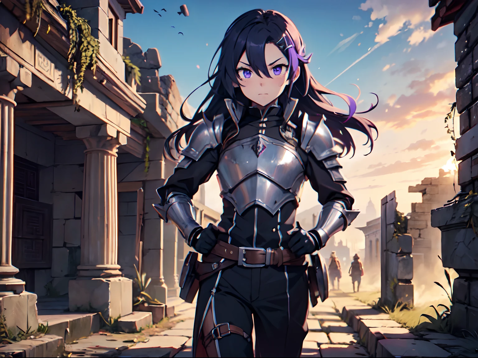 Ultra High Definition, Ultra High Quality, Extremely Detailed, 8k, 1 Boy, Rudeus Greyrat From Mushoku Tensei Anime, Handsome, Armored With War General Armor, Pure Purple Pupil Eyes, Long Haired Tied With Chinese Hairpin, Body To Legs Body Shot, Ancient Ruins Background,