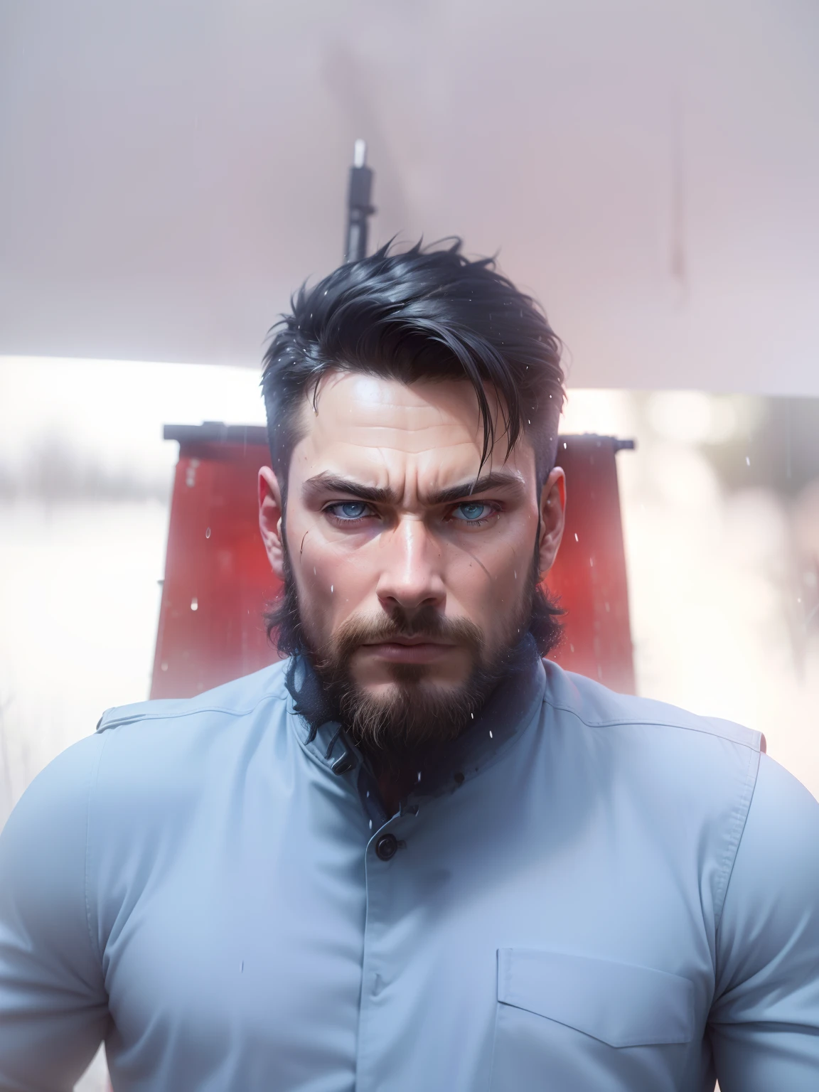 (best quality,4k,8k,highres,masterpiece:1.2),ultra-detailed,(realistic,photorealistic,photo-realistic:1.37),Same face,raining,background forest,cold,wet,foggy,sando wear with blue jeans,gun in hand,muscular,moody lighting,harsh shadows,ominous atmosphere,medium:photography,dark color tones,sharp focus.
