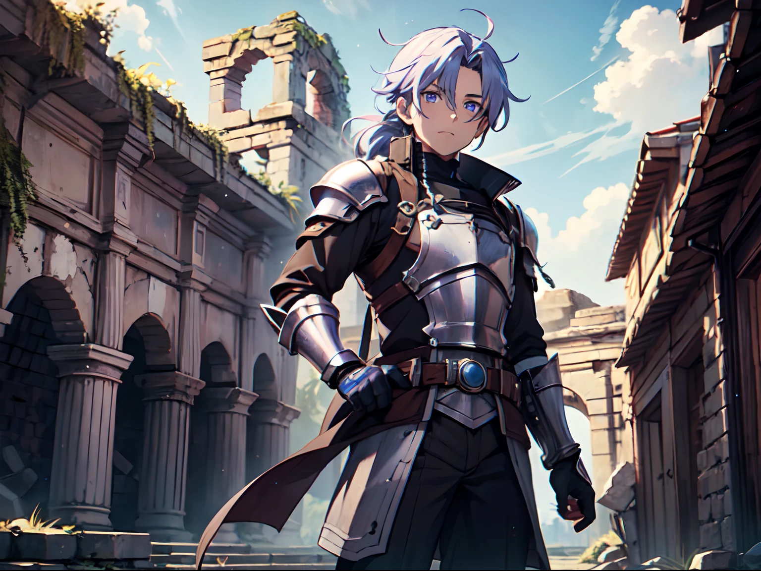 Ultra High Definition, Ultra High Quality, Extremely Detailed, 8k, 1 Boy, Rudeus Greyrat From Mushoku Tensei Anime, Handsome, Armored With War General Armor, Pure Purple Pupil Eyes, Long Haired Tied With Chinese Hairpin, Body To Legs Body Shot, Ancient Ruins Background,