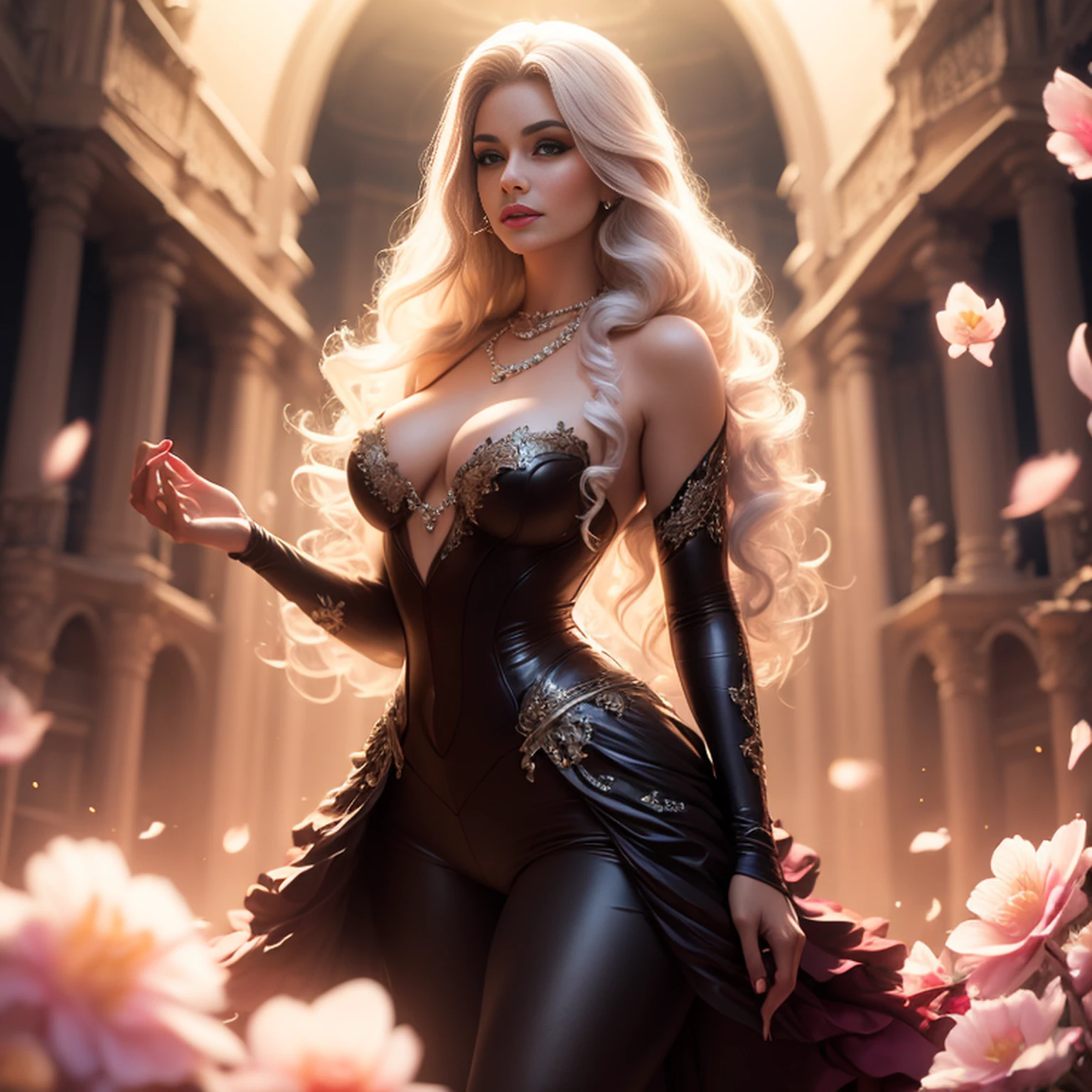 ultra-realistic painting, masterful level, better quality, better HD, finer details), an extremely delicate and beautiful woman, ethereal and poetic, elegant posture, luxurious clothes, (red dress/2.4) | (black outfit), [(blue:1.3)|(pink) long, graceful, flowing hair, delicate and intricate hair accessories, bright and seductive eyes, (small nose) and cherry lips, pearl earrings),] [sky misty, ever-changing colors, indistinct and hazy, blurry and intriguing, flowers blooming, green leaves rustling, soft focus, romantic atmosphere], (path to dreamland
