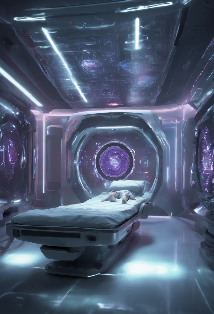 Very beautiful aliens healing human being inside a very beautiful and perfect spaceship the aliens must be standing and the human being lying down receiving a cure with energy lights in a very beautiful environment inside a spaceship