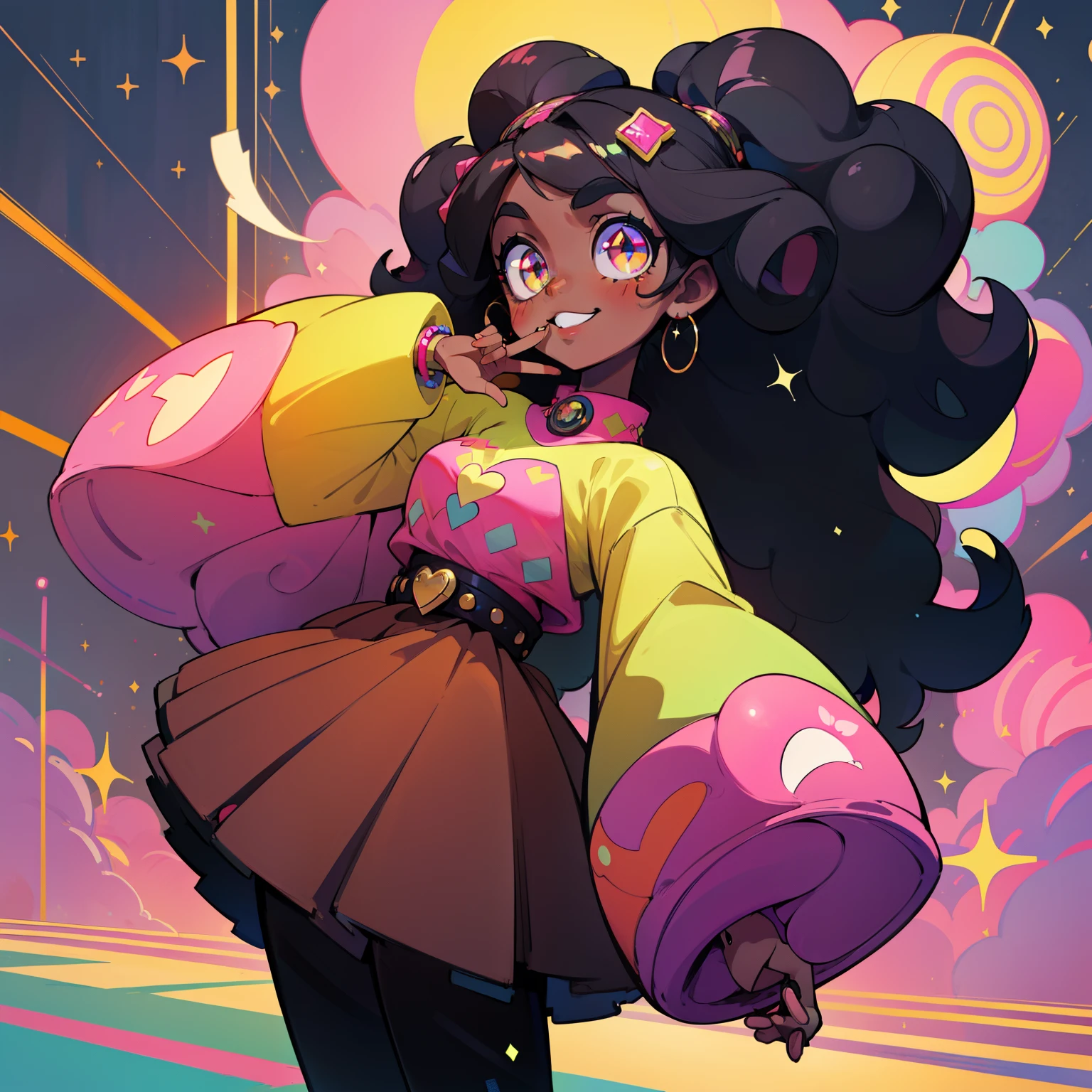 (highres,best quality:1.2),kawaii black girl,playful expression,long curly hair,twinkling eyes,flawless dark skin,lit from within,stylish outfit,sparkling accessories,street style fashion,urban setting,vibrant colors,funky background,filled with patterns.