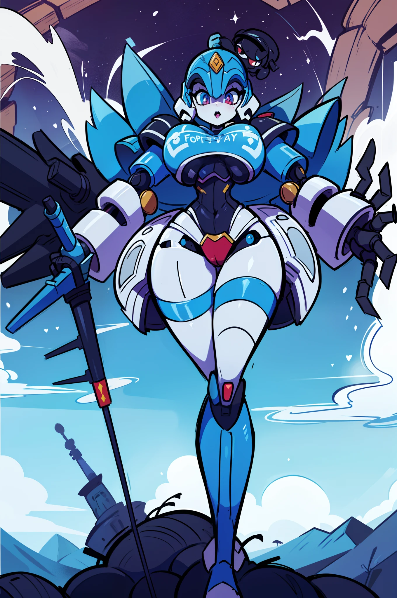 a beautiful anime-inspired gorgeous scenery of a silly sexy mecha robot showing off her love, (gothic mother:1.5), (fully robotic:1.2), galaxy far far away, other dimension, another realm, toonish, great design, masterpiece, reimagine a robotic lover in her funniest moment, silliness, very sexy, big boobs