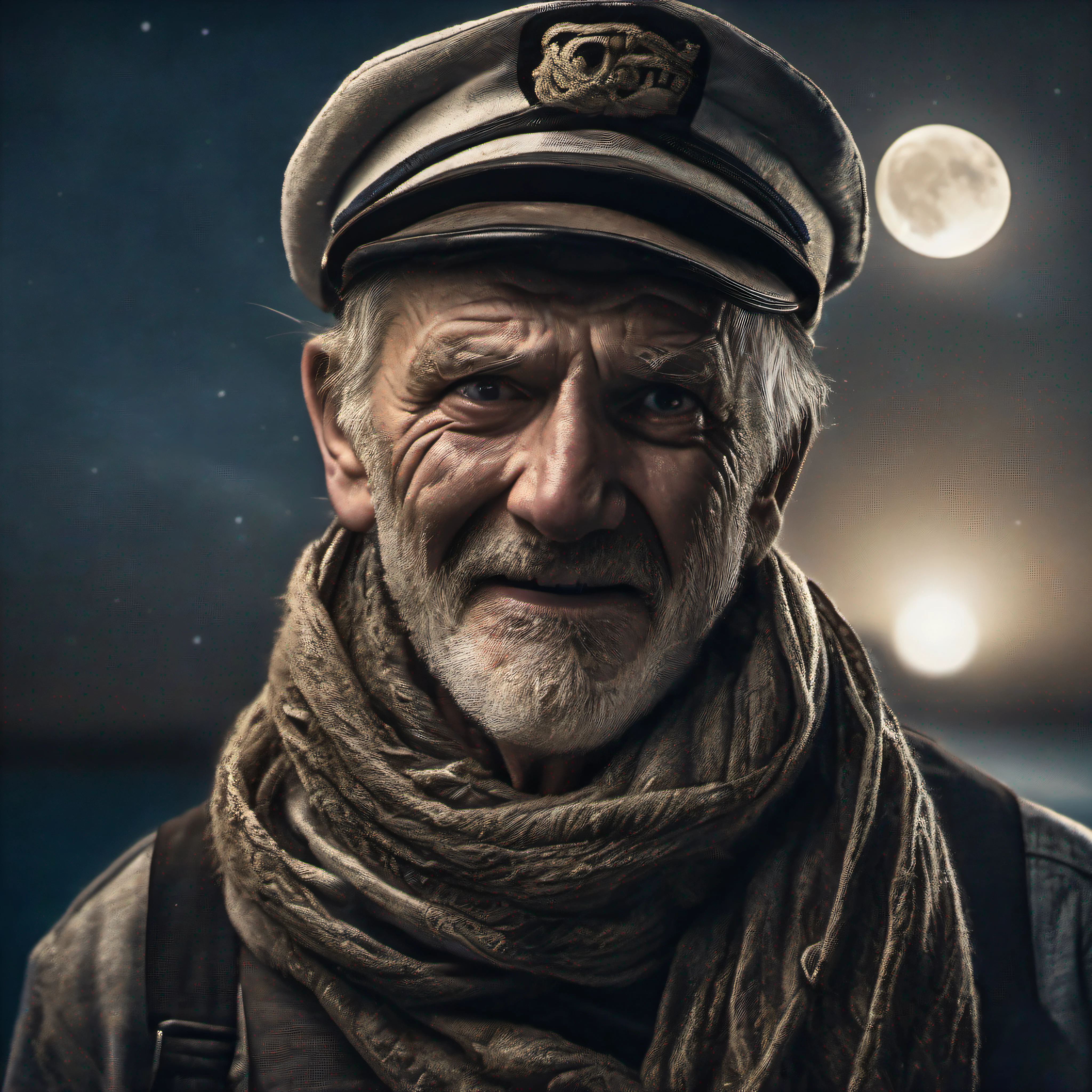 award winning upper body portrait photo of a man an old screaming sailor, wearing scarf, eyes looking upwards, (bokeh:0.7), sidelit, (wrinkled face in detail:0.7), telephoto, moonlit, torchlit, gritty atmosphere, oceanic night exterior, realistic, intricate details, true aged skin texture