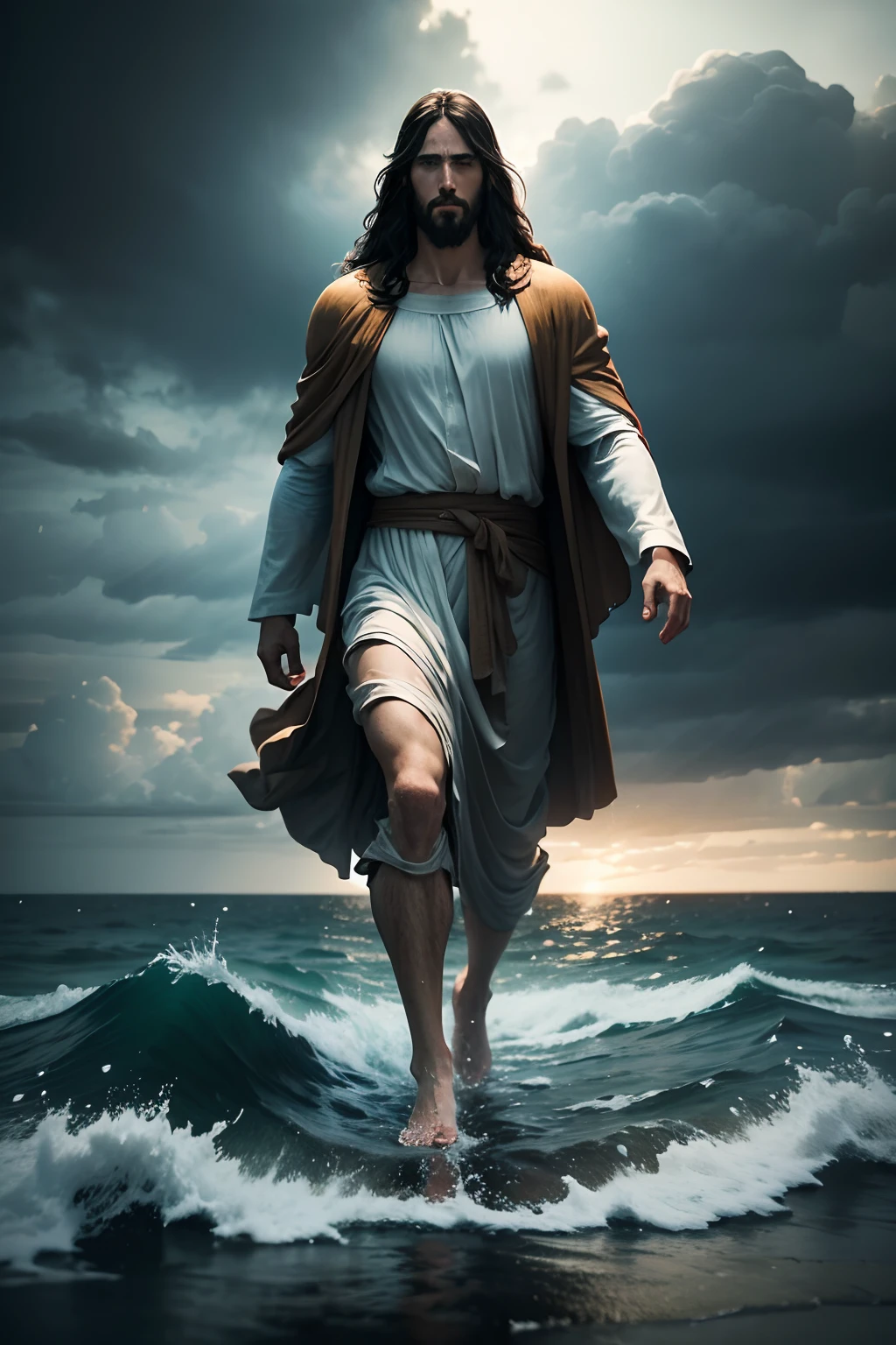 Jesus walking on water in a storm, cinematic, realistic, 8k