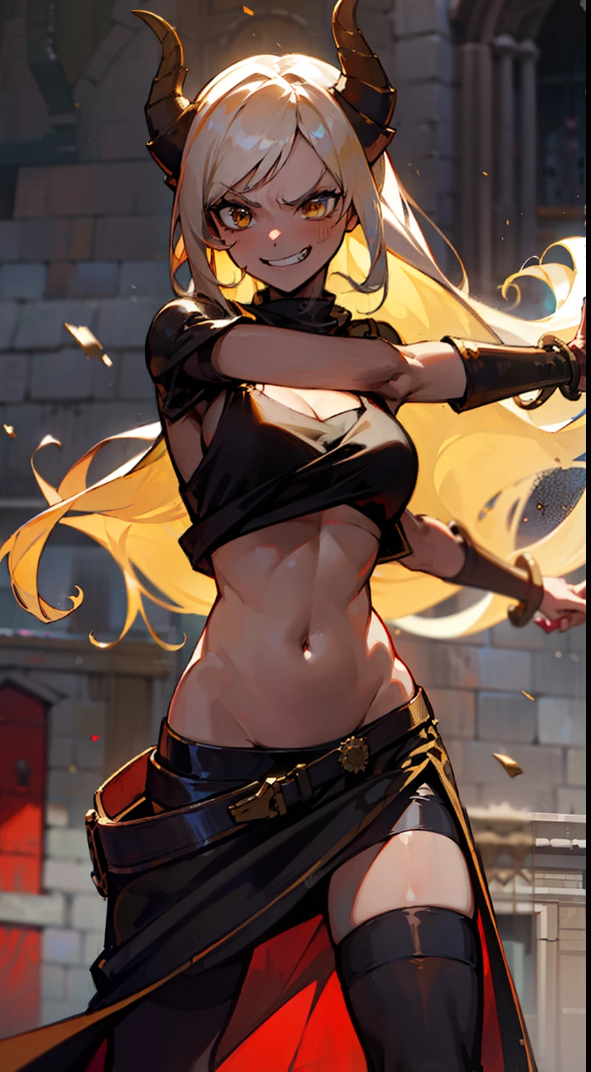 girl,brown skin, hidden arms,long hair, white hair,curly hair,yellow eyes,(((villain,psycho,villain smile, psychopath, angry))), medium boobs,show belly,gold armor outfit, black small shirt,long black stockings, detailed clothes, masterpiece, hyper realistic, high definition,black horns,black pantyhose,elves ears,yellow scarf,(((standing inside of a castle)))