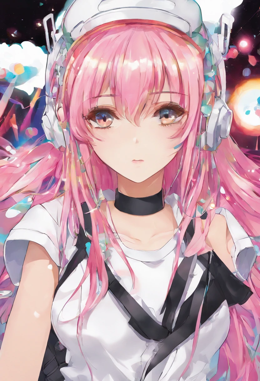 1girl, solo, female, medium skin, bangs, pink eyes, multicolor eyes, hispanic blond long hair, bangs, white ear muffs, sleeveless strap crop shirt, white shorts