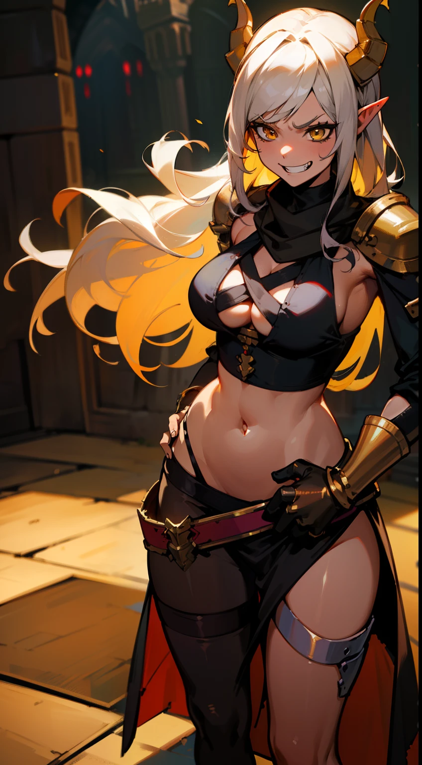 girl,brown skin, hidden arms,long hair, white hair,curly hair,yellow eyes,(((villain,psycho,villain smile, psychopath, angry))), medium boobs,show belly,gold armor outfit, black small shirt,long black stockings, detailed clothes, masterpiece, hyper realistic, high definition,black horns,black pantyhose,elves ears,yellow scarf,(((standing inside of a castle)))