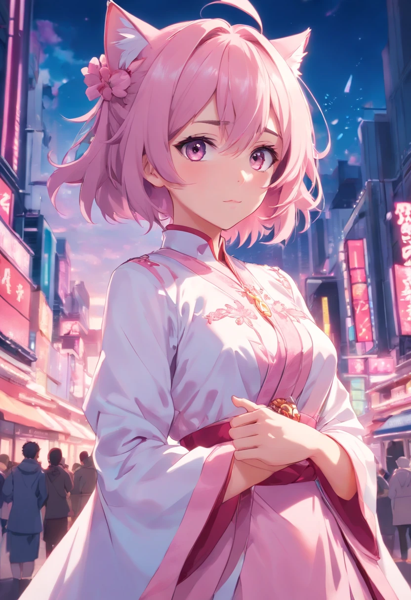 Il y a une fille en robe rose posant pour une photo, Belle Delphine, Cheveux Blanc et Rose avec double queue et yeux gris, CYBERPUNK ROCOCO, Dollfie's dream, Tons rose clair, Skydoll Noa, Iconic pink character, April Rendition, Photo de rendu 8K octae, Cosplay of a catboy! robe, royal elegant pose, Collier BDSM