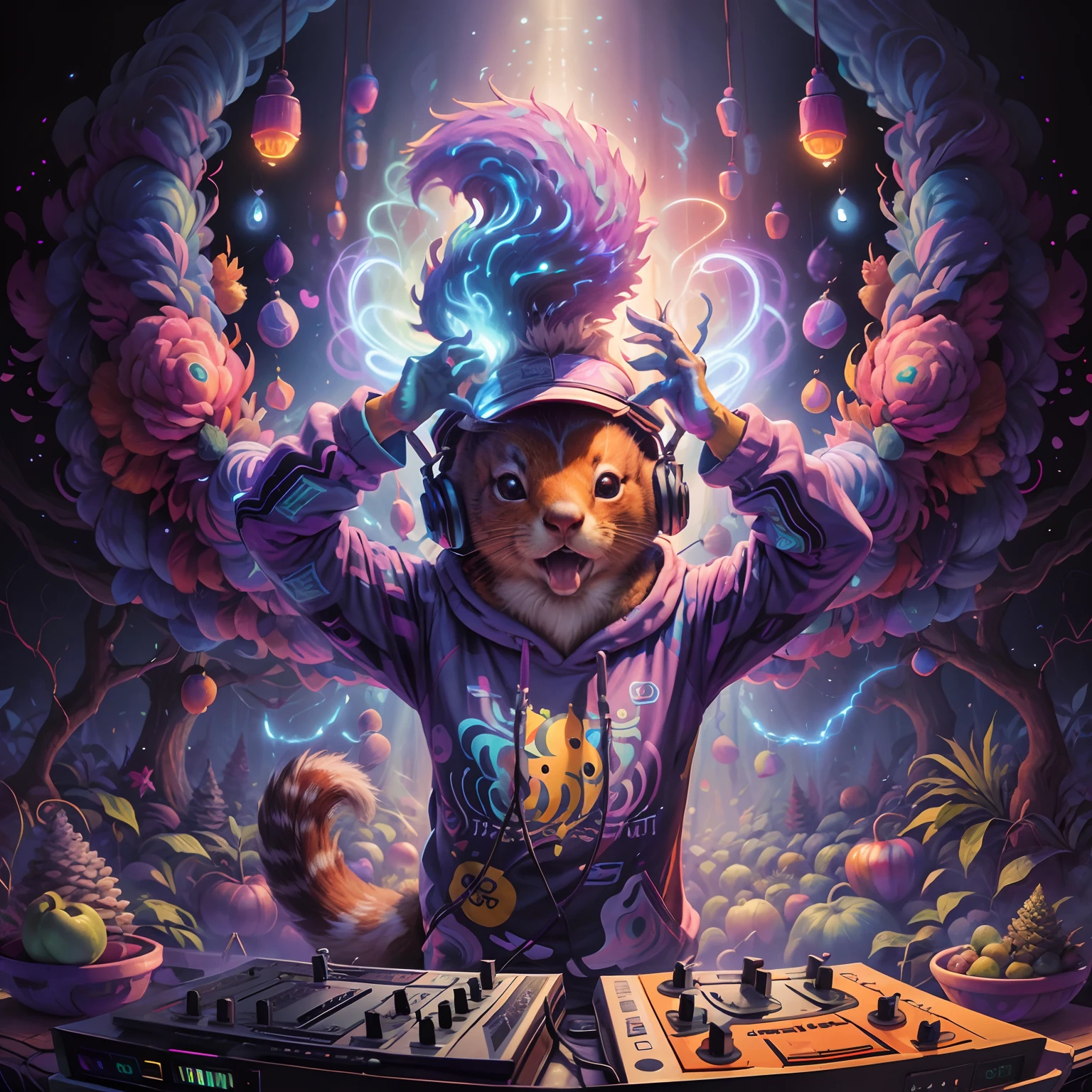 A neopunk DJ squirrel unleashes an electrifying and psychedelic performance, captivating the audience with mind-bending beats. The vibrant colors and pulsating rhythms create a hypnotic atmosphere, acorns, pine cones