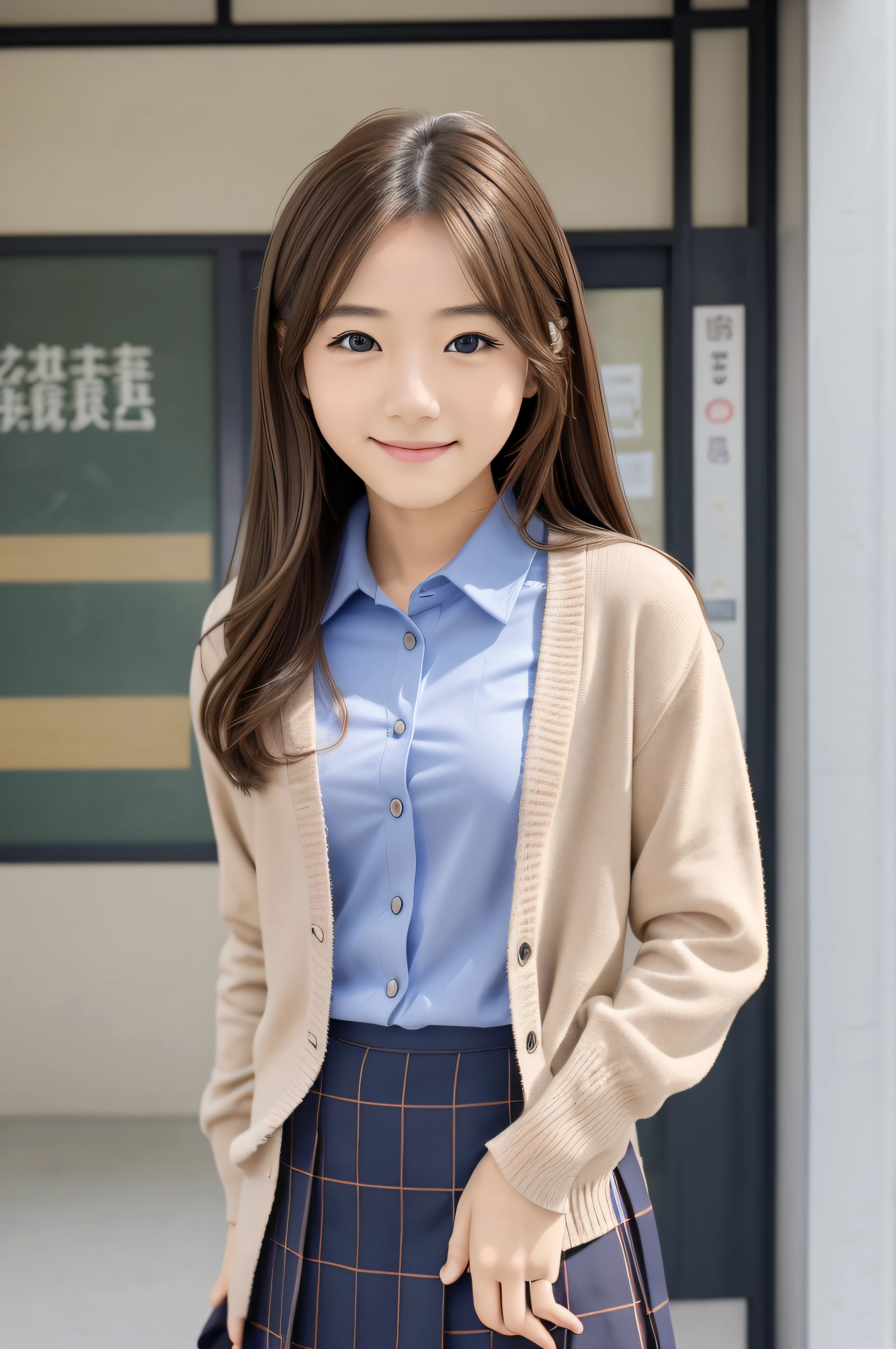 17-year-old woman、独奏、brown haired、beautidful eyes、real looking skin、A detailed eye、Schoolgirl、(8K、masterpiece)、(reallistic、Photorealsitic)、top-quality、realisitic、ighly detailed、The ultra-detailliert、Beautie、cute little、独奏、A Japanese Lady、A smile、Close-up portrait、Healthy face、Teaching school、Schools、School uniform、Cardigan、plaid skirts、skirt by the