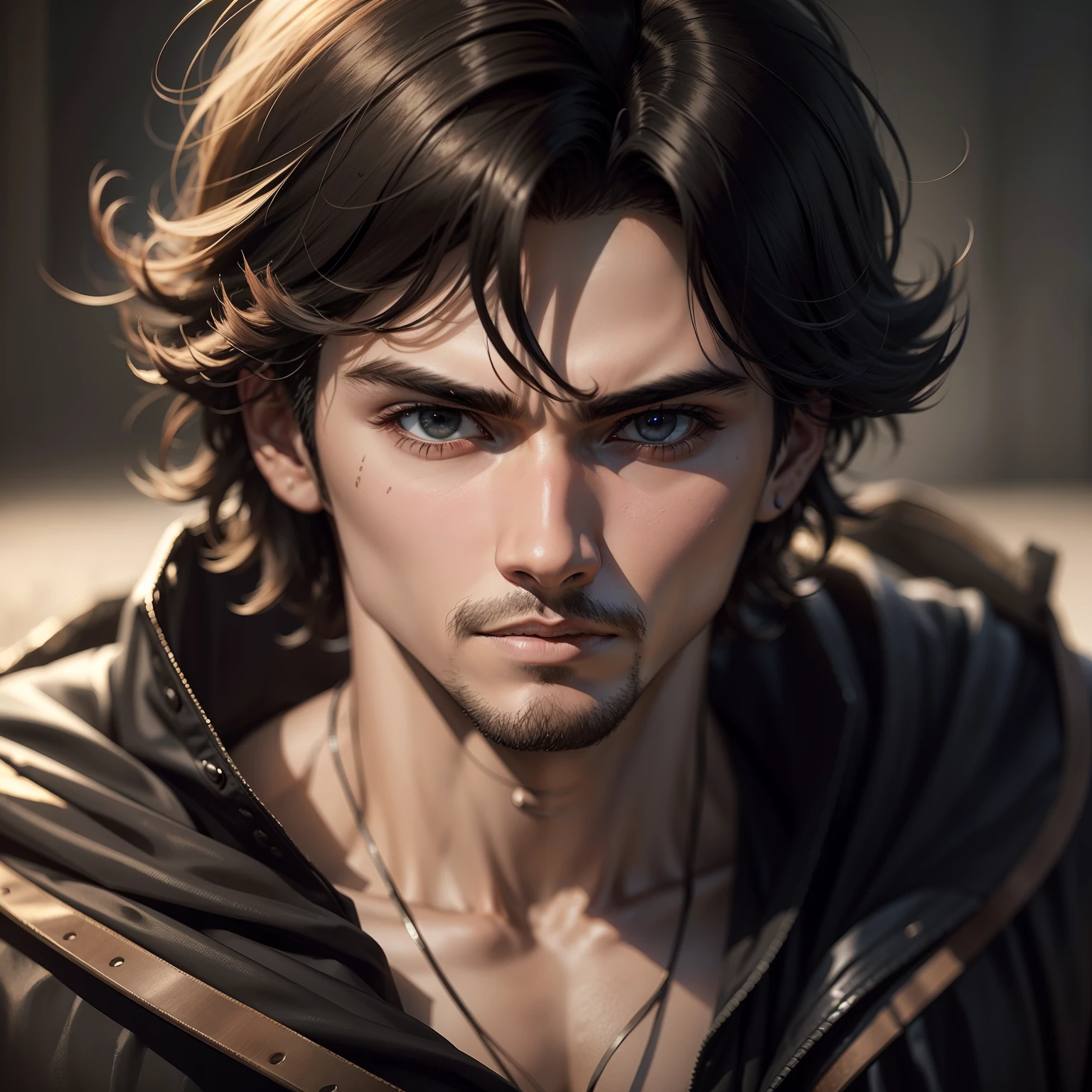 There's a man looking forward,franja, cabelos pretos lisos curtos, forte, Joel, jovem bonito, 18 anos, super realistic dark environment HDR 32k anime genre