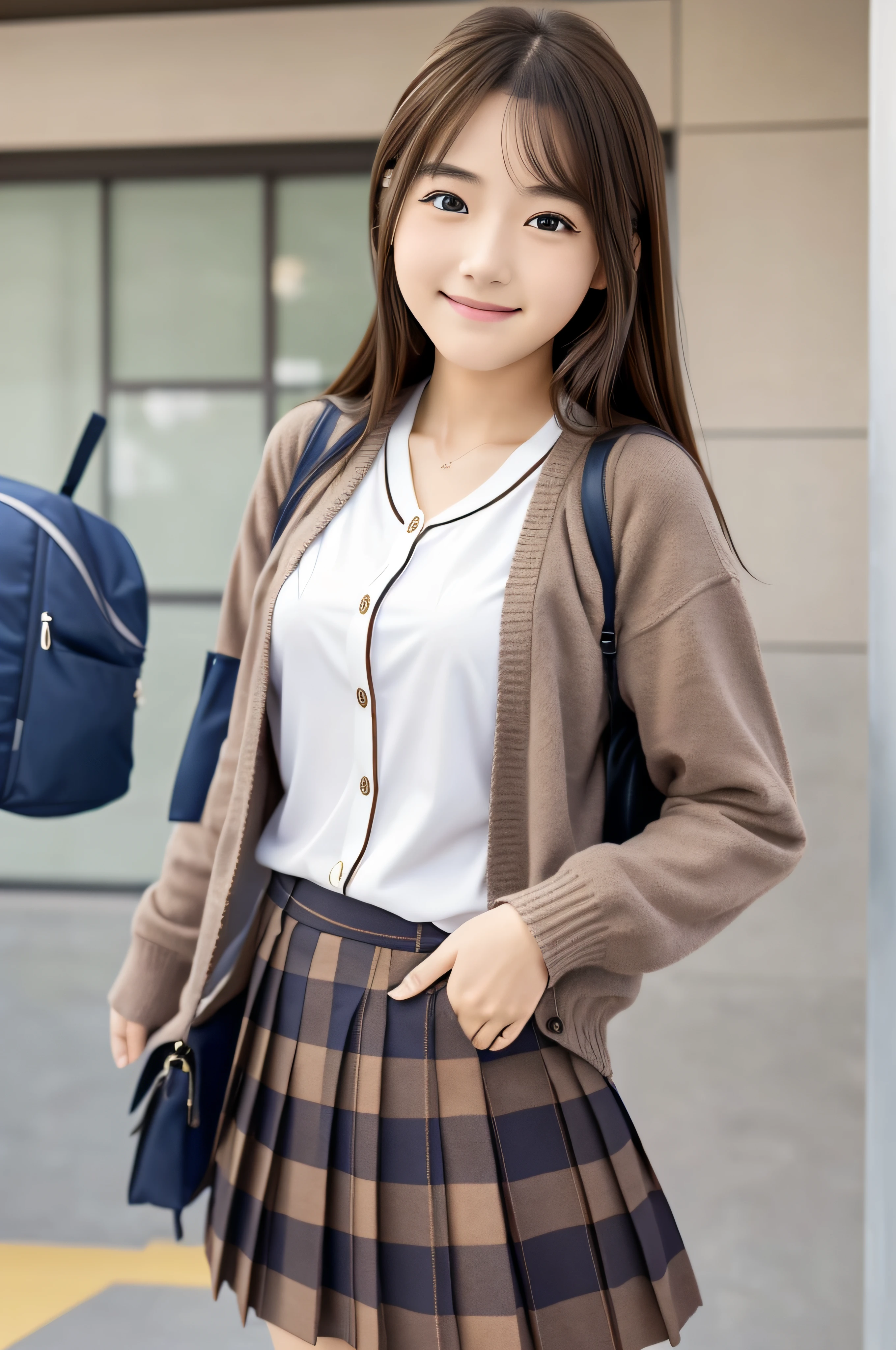 -yeld wo、独奏、brown haired、beautidful eyes、real looking skin、A detailed eye、Schoolgirmasterpiece)、(reallistic、Photorealsitic)、top-quality、realisitic、ighly detailed、The ultra-detailliert、Beautie、cute little、独奏、A Japanese Lady、A smile、Close-up portrait、Healthy face、Teaching school、Schools、School uniform、Cardigan、plaid skirts、skirt by the