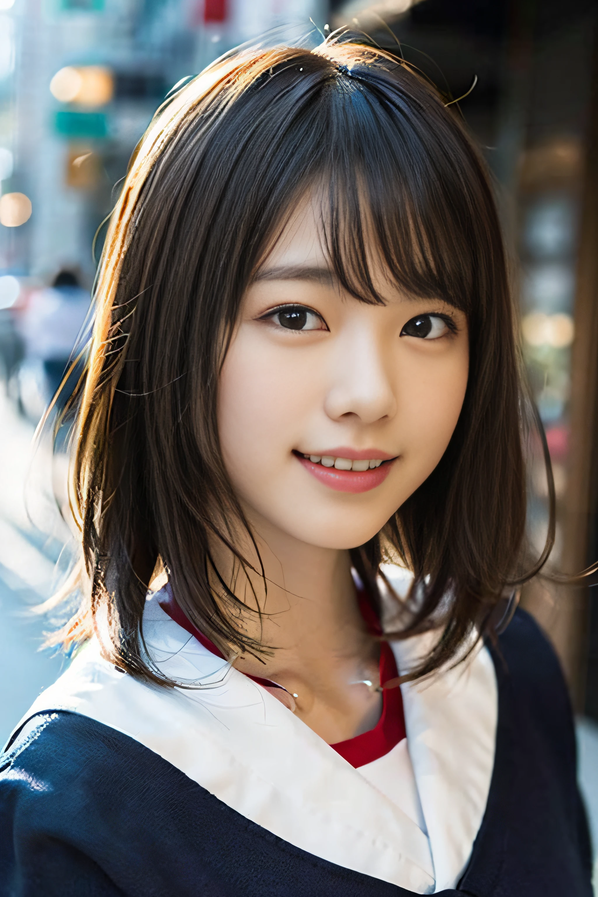 (8K、Raw photography、top-quality、masterpiece:1.2)、(realisitic、Photorealsitic:1.37)、ultra-detailliert、超A high resolution、女の子1人、see the beholder、beautifull detailed face、A smile、Constriction、(Slim waist) :1.3)、Beautiful detailed skin、Skin Texture、Floating hair、Professional Lighting、Whole human body、Longhaire、a blond、japanese hight school uniform、a sailor suit、In the street、Bob Hair、Happy smile、