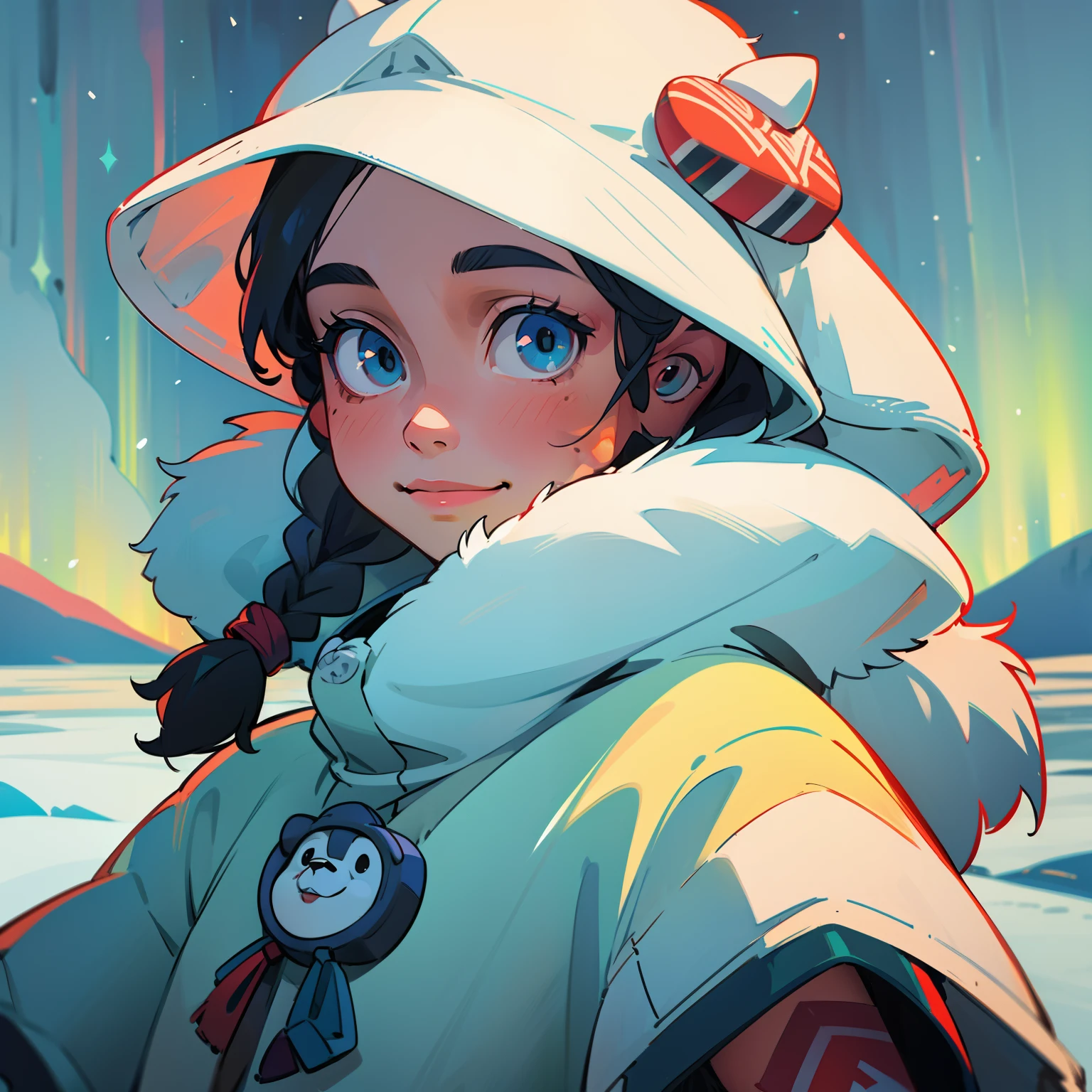 (cute,beautiful) alaskan native girl,alaskan inuk,indigenous alaskan girl,eyes,limited edition print,innocent smile,long hair,braids,patterned parka,snowy landscape,polar bear fur details,masterpiece:1.2,ultra-detailed,realistic:1.37,HDR,UHD,studio lighting,sharp focus,professional,vivid colors,traditional tattoo,portrait,ethnic jewelry and accessories,vibrant color palette,northern lights,soft natural lighting