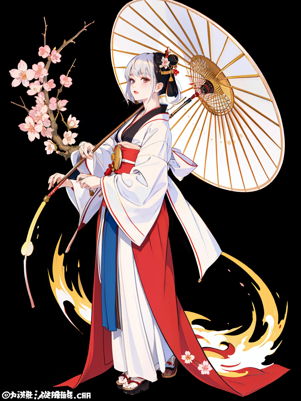 masterpiece,best quality, 1girl, With traditional Japanese clothing, (geisha outfit), white hair, with a sharp gaze, with variations in her hair, The cherry blossoms are falling, ((White clothes), a little cleavage visible, no background, ((black background)), ((full body))