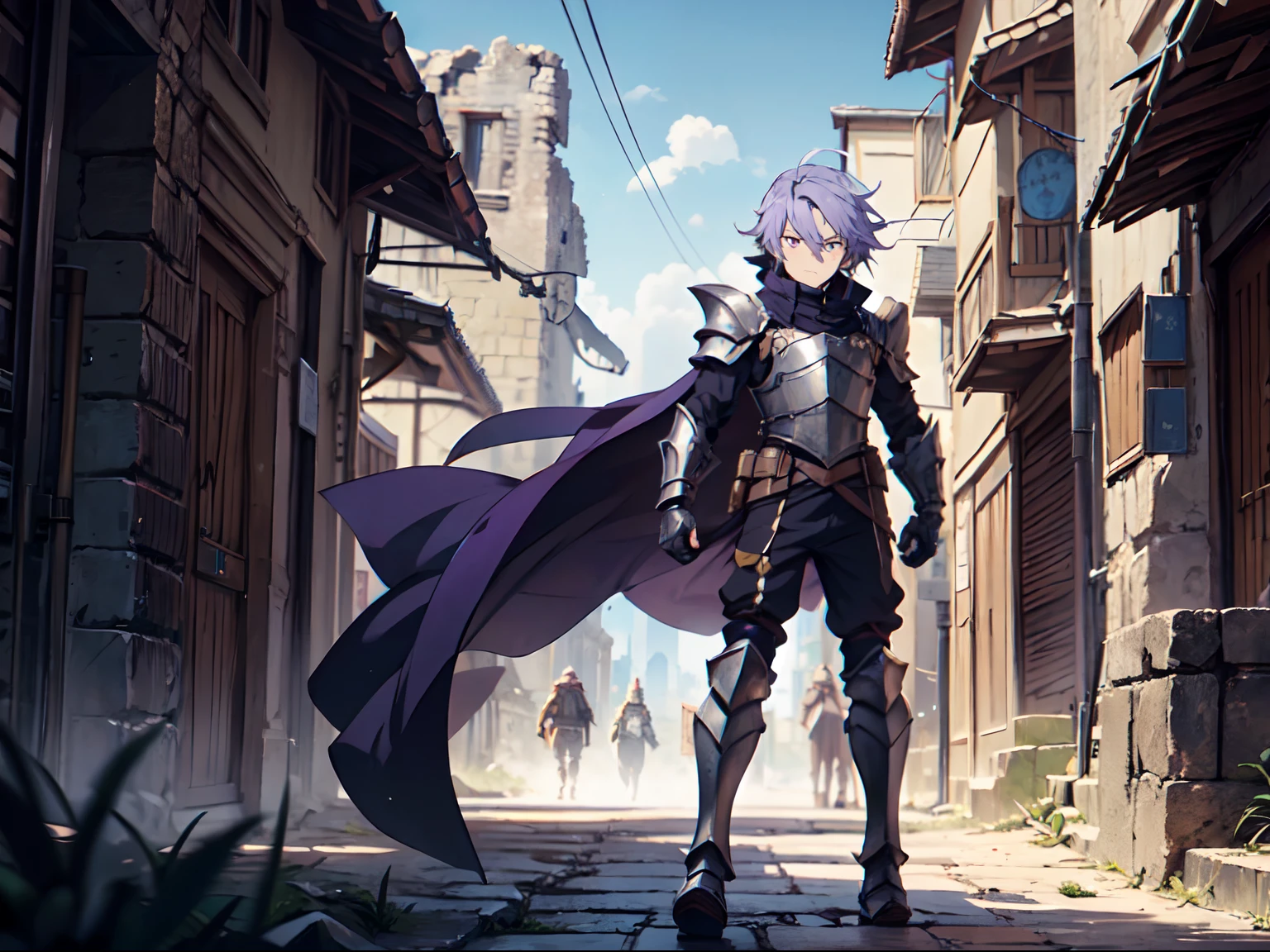 Ultra High Definition, Ultra High Quality, Extremely Detailed, 8k, 1 Boy, Rudeus Greyrat From Mushoku Tensei Anime, Handsome, Armored With War General Armor, Pure Purple Pupil Eyes, Long Haired Tied With Chinese Hairpin, Body To Legs Body Shot, Ancient Ruins Background,