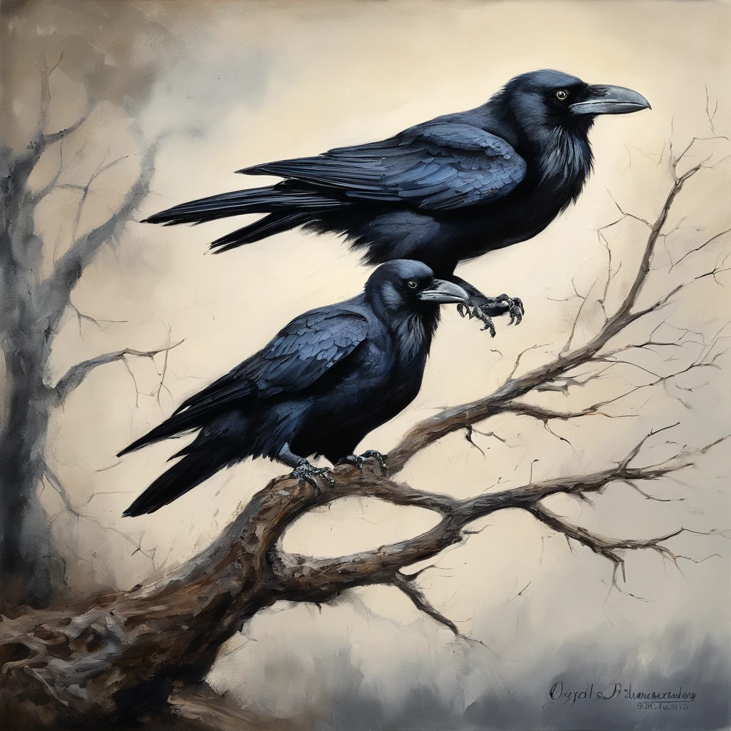 Two crows in a dead tree, Una sombra con forma de caminante, Noche estrellada, Niebla espesa en el suelo, Luz azul en el horizonte, Motor Unreal 5, Kinematic, low angle photography, Desenfoque de movimiento, Profundidad de campo, polvo, Adoquines y suciedad. Arte de salpicaduras, goteo de pintura. Perfect color gradation. Influenciado por Karel Appel y Jeremy Mann, Full of dramatic and menacing scenes, hiperdetallado, Beautiful, incredible details, Detalles intrincados, editorial photograph, Disparado con un objetivo de 50 mm, Profundidad de campo, Tilt Blur, shutter speed 1/1000, f/22. Mapas de luz, super brillante
