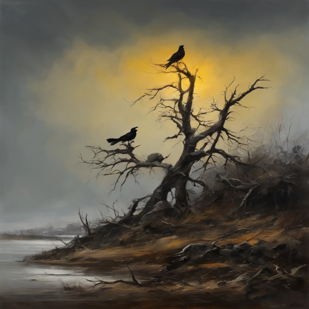 Two crows in a dead tree, Una sombra con forma de caminante, Noche estrellada, Niebla espesa en el suelo, Luz azul en el horizonte, Motor Unreal 5, Kinematic, low angle photography, Desenfoque de movimiento, Profundidad de campo, polvo, Adoquines y suciedad. Arte de salpicaduras, goteo de pintura. Perfect color gradation. Influenciado por Karel Appel y Jeremy Mann, Full of dramatic and menacing scenes, hiperdetallado, Beautiful, incredible details, Detalles intrincados, editorial photograph, Disparado con un objetivo de 50 mm, Profundidad de campo, Tilt Blur, shutter speed 1/1000, f/22. Mapas de luz, super brillante