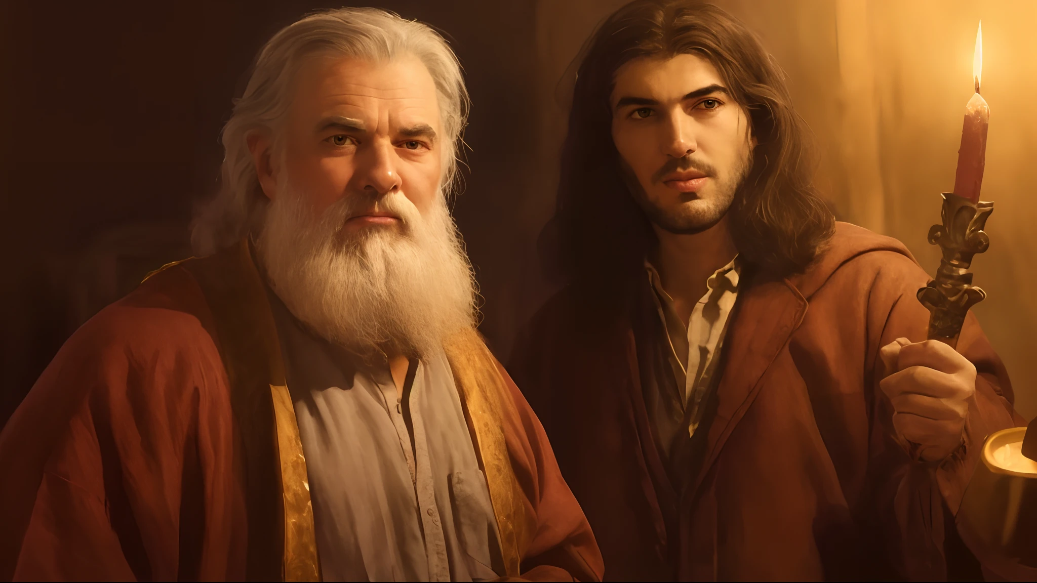 Image of two men with a lit candle in hand, Nicodemos, Petros e Leonid, Wlop e Ross Thran, Tolkien e Michael Komarck, O Senhor e Salvador, Wlop e Andrei Riabovitchev, James Gurney e Andreas Rocha, Tom Bagshaw e Tom Richmond, joseph and joseph