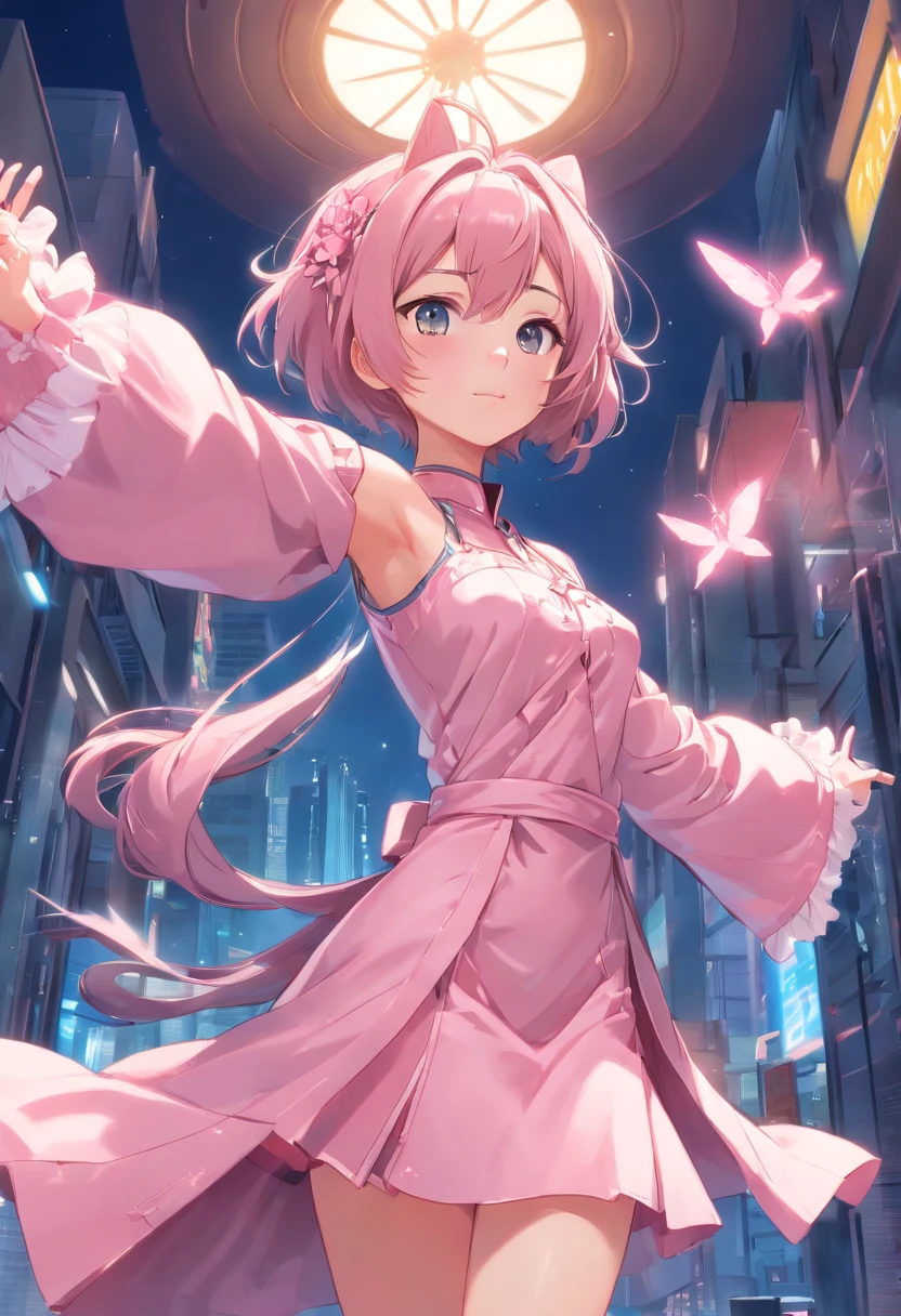 Il y a une fille en robe rose posant pour une photo, Belle Delphine, Cheveux roses avec double queue et yeux gris, CYBERPUNK ROCOCO, Dollfie's dream, Tons rose clair, Skydoll Noa, Iconic pink character, April Rendition, Photo de rendu 8K octae, Cosplay of a catboy! robe, royal elegant pose
