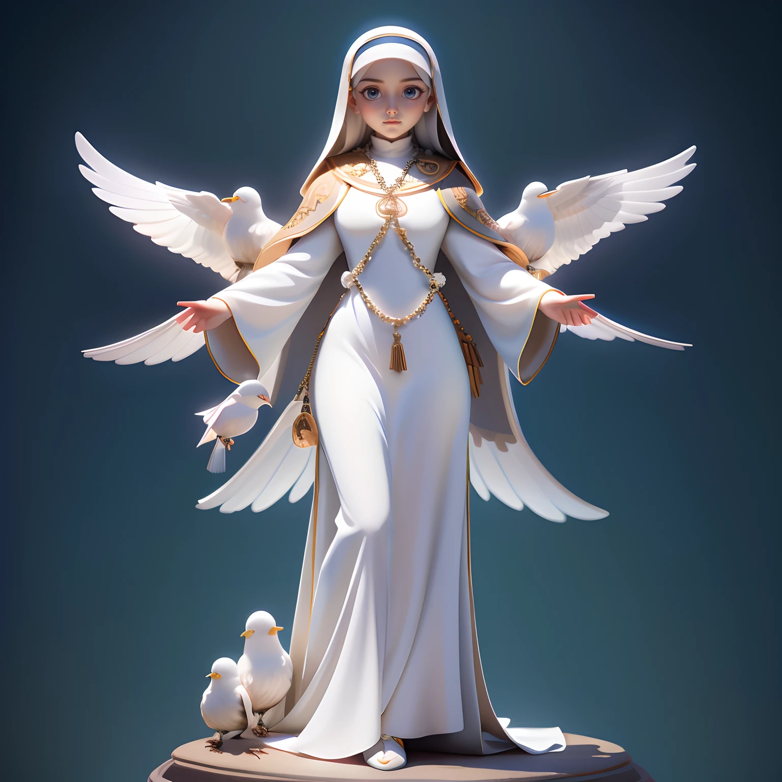 (best quality,8k,highres,masterpiece:1.2), ((full body scale)), realistic,spiritual nun with hands joined in pray, little pigeons on her shoulder, ultra-detailed eyes,longeyelashes,in transparent background,religious,photorealistic,portrait,ivory white dress,rosary beads in hands,morning sunlight,soft lighting,peaceful atmosphere, subtle colors,delicate brushstrokes,luminous image composition,gentle and serene expression,tranquility,vivid colors。