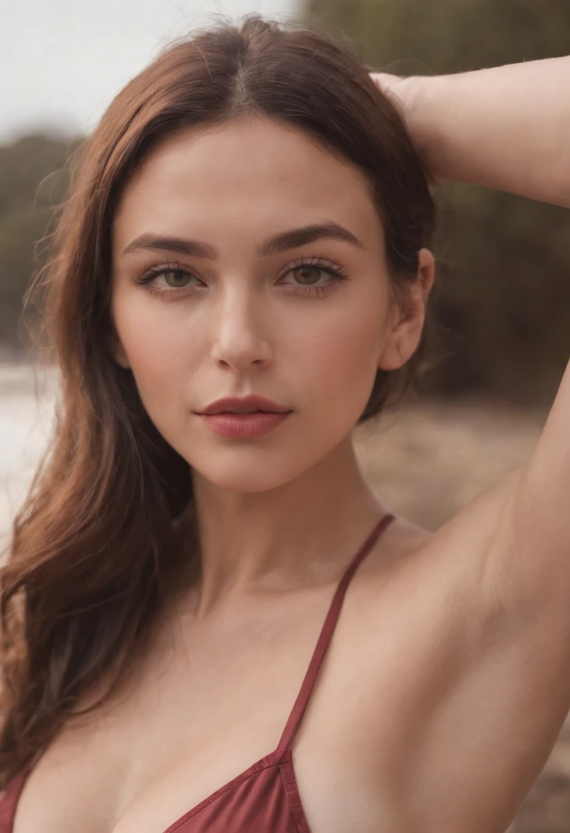 pelirrojo, pechos grandes, wearing a swimsuit, kissing the camera, winking at the left eye, imagen de cuerpo completo